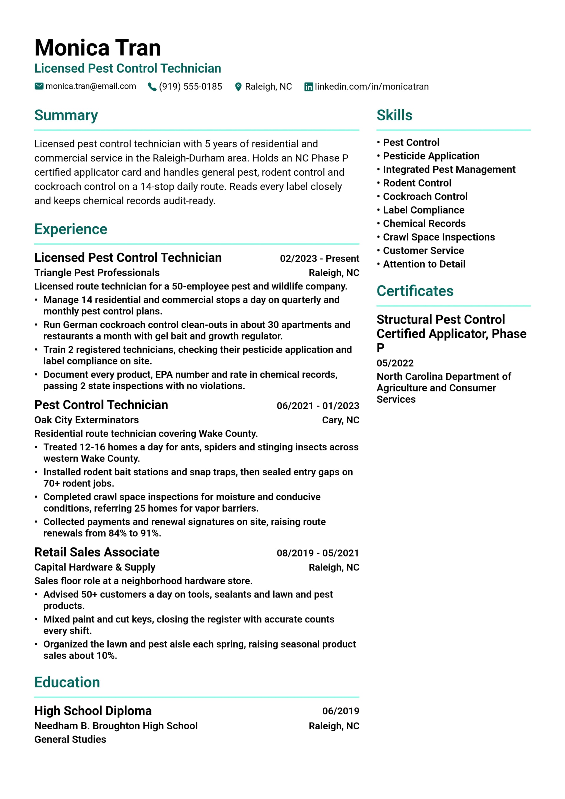 Licensed Pest Control Technician resume example