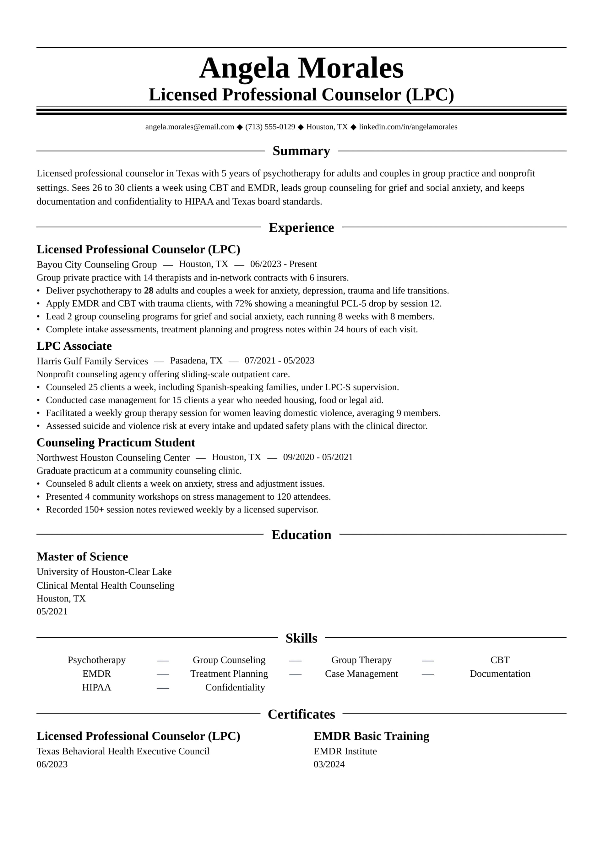 Licensed Professional Counselor (LPC) resume example