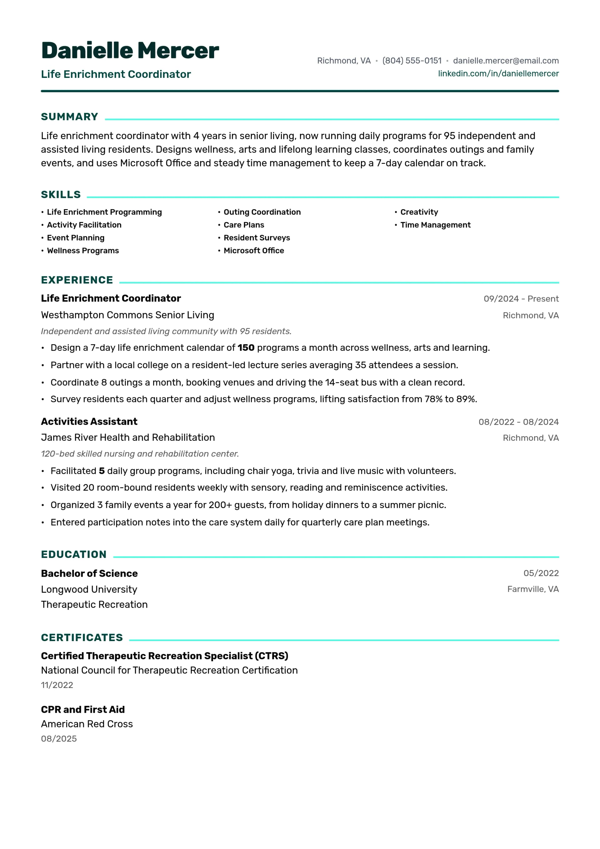 Life Enrichment Coordinator resume example