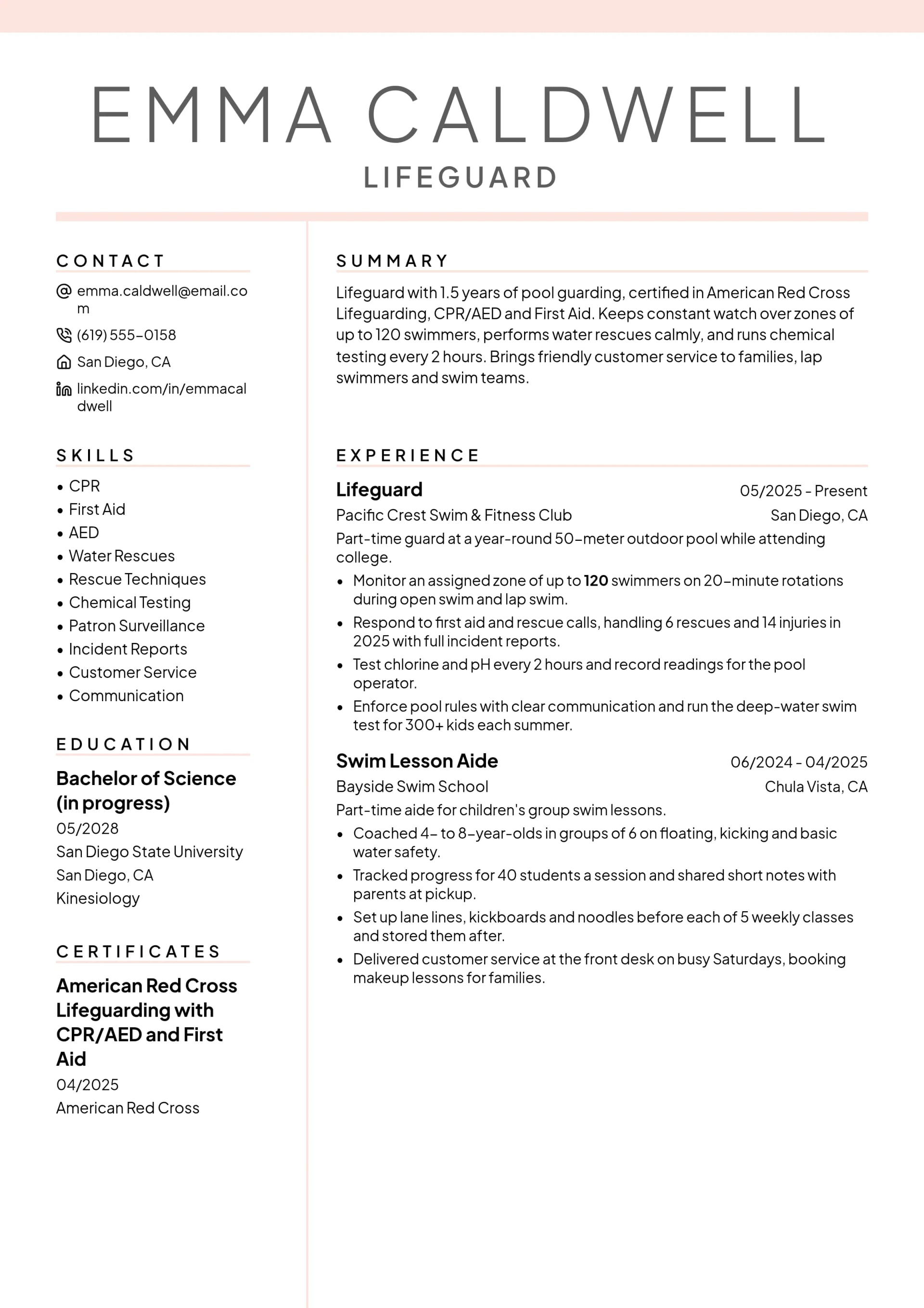 Lifeguard resume example