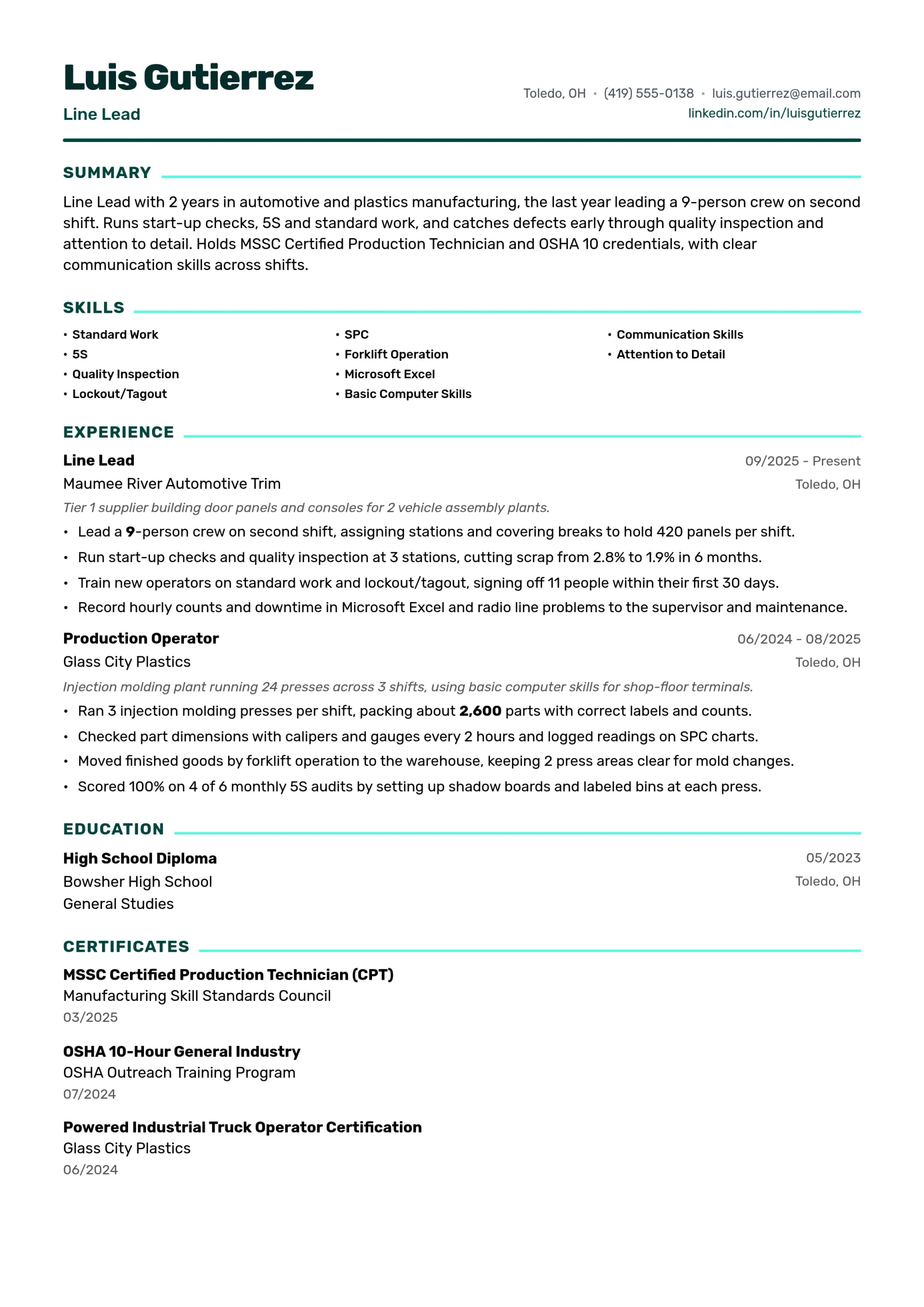 Line Lead resume example