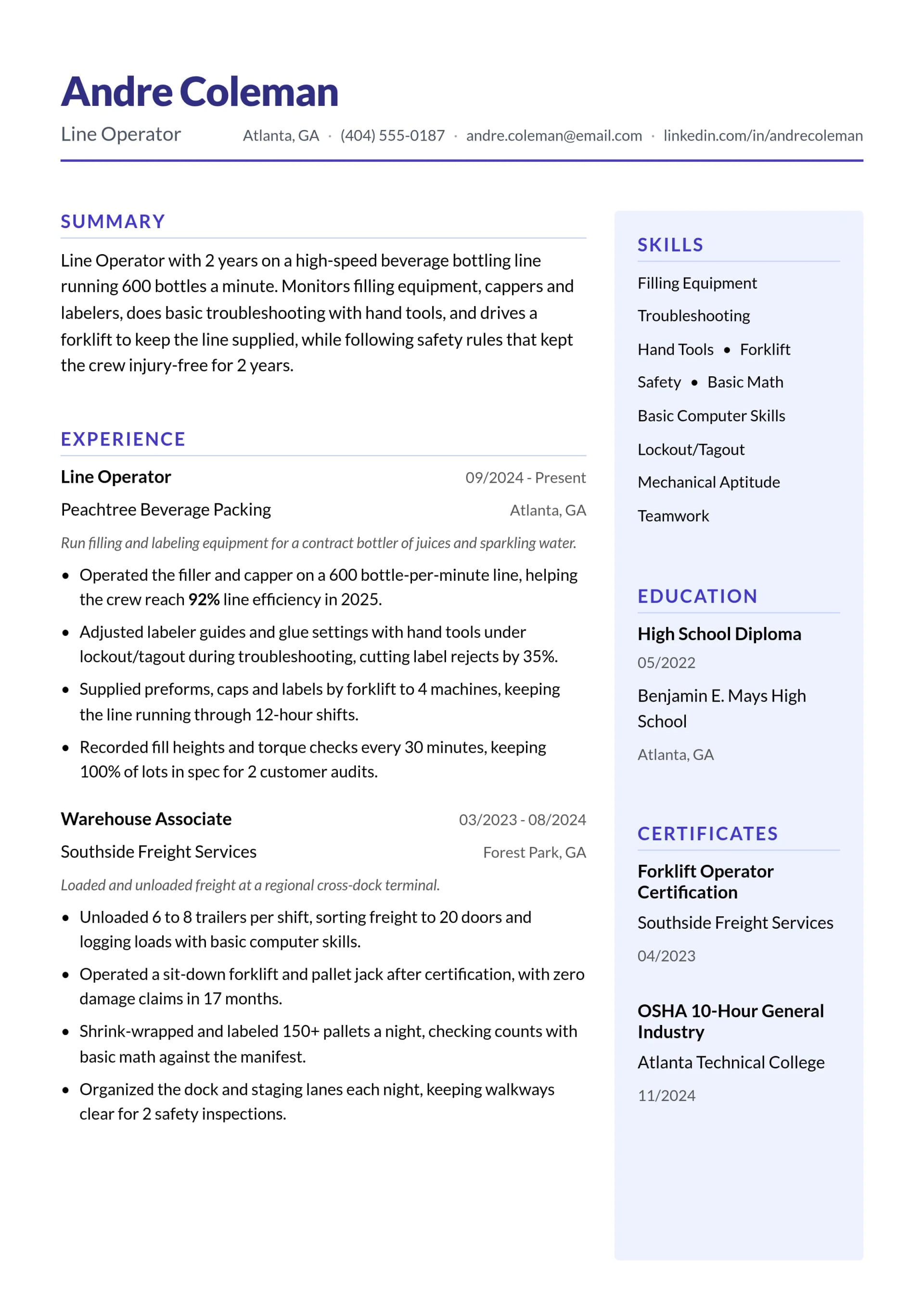 Line Operator resume example