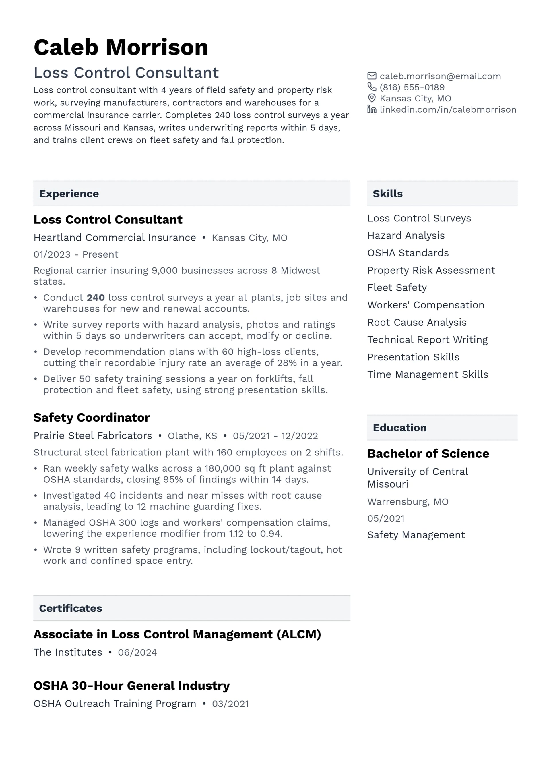 Loss Control Consultant resume example