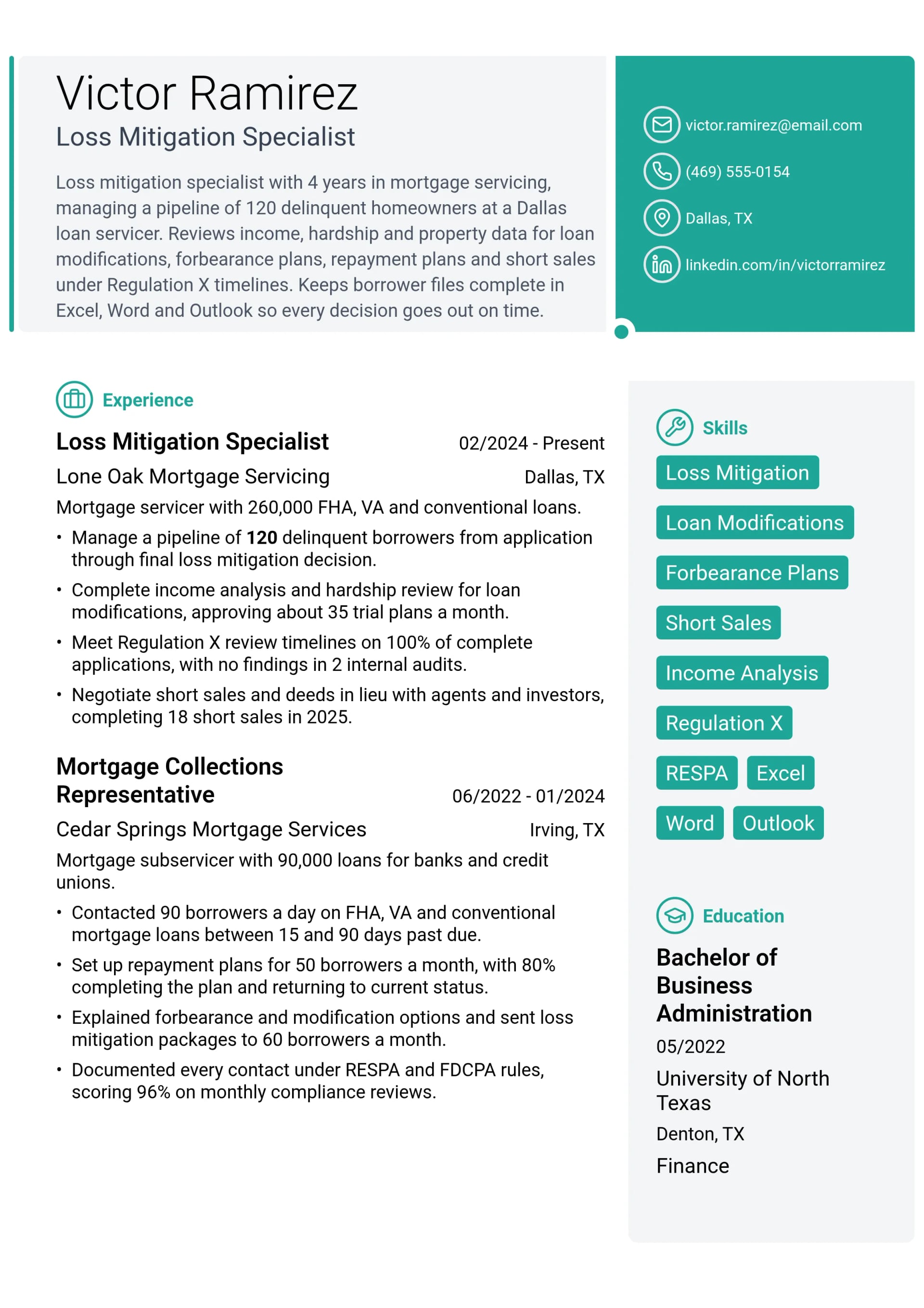 Loss Mitigation Specialist resume example
