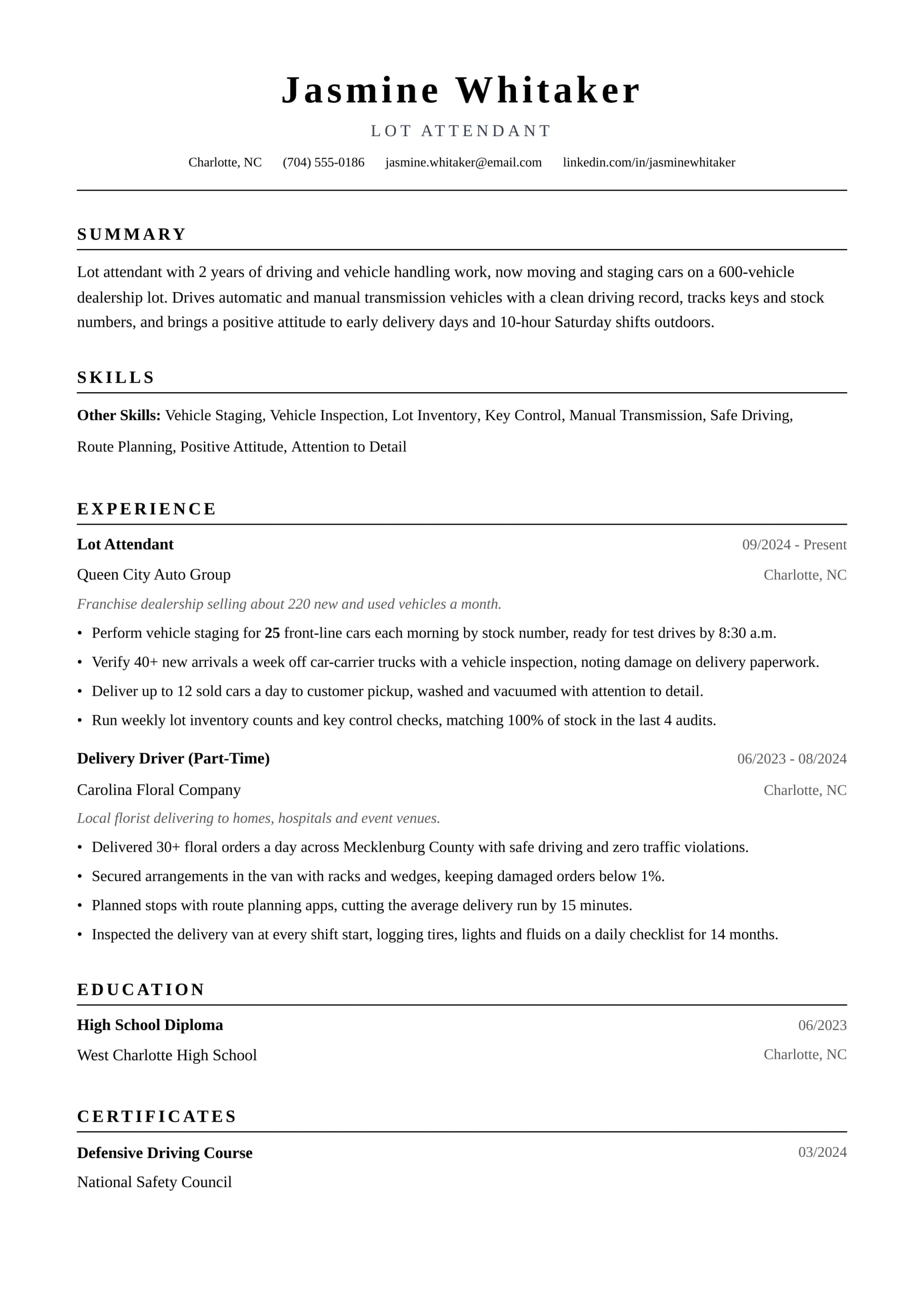 Lot Attendant resume example