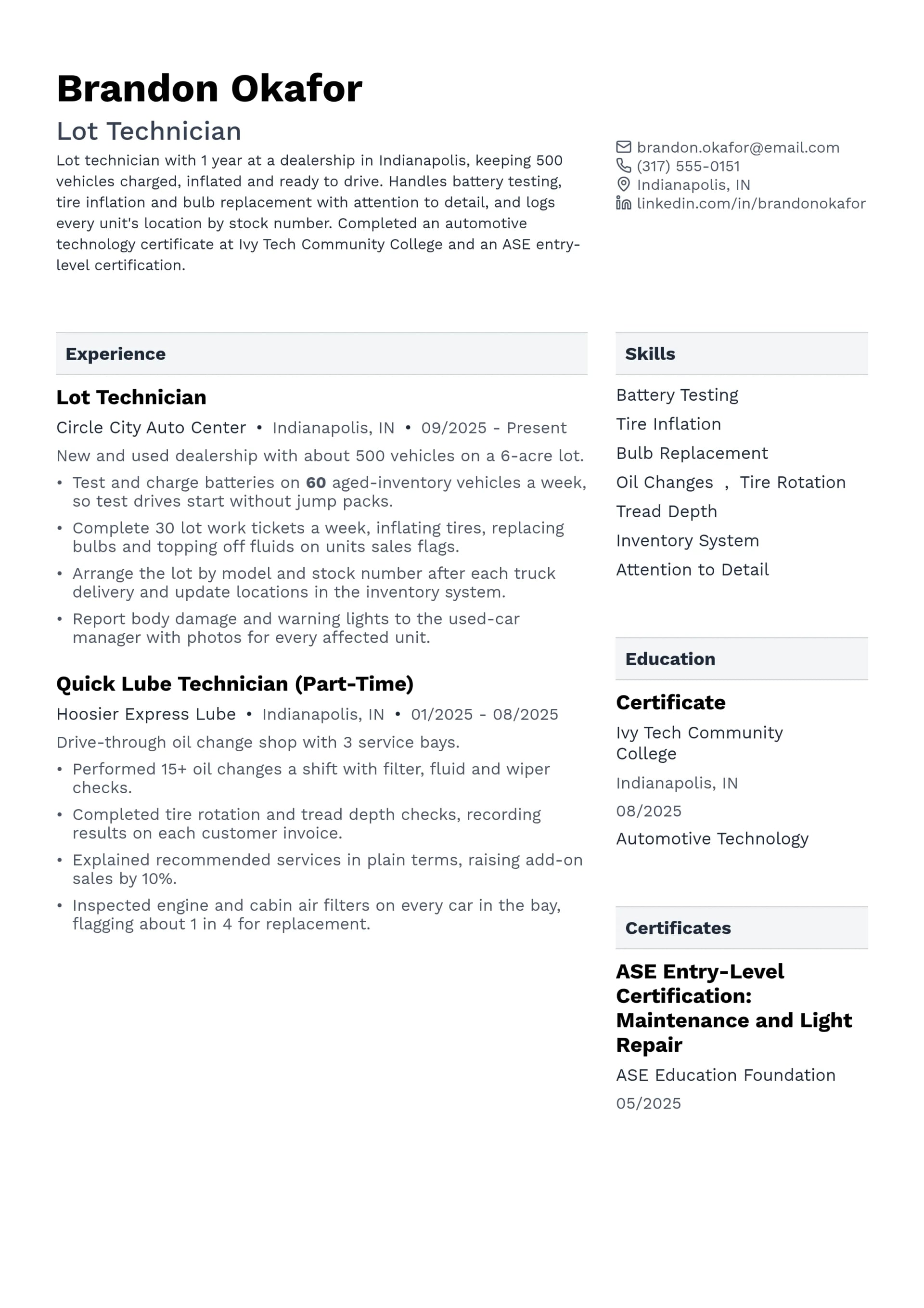 Lot Technician resume example