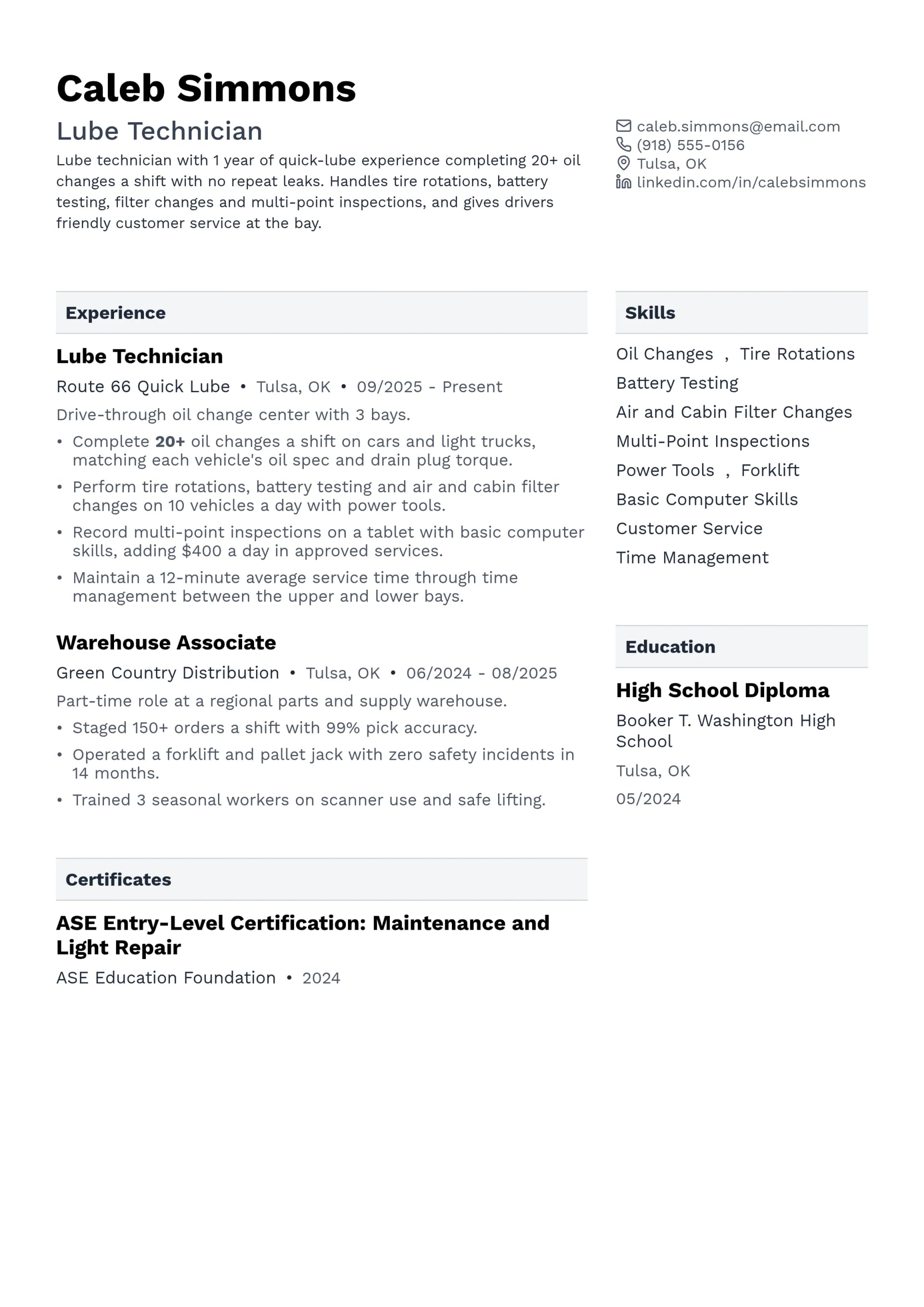 Lube Technician resume example