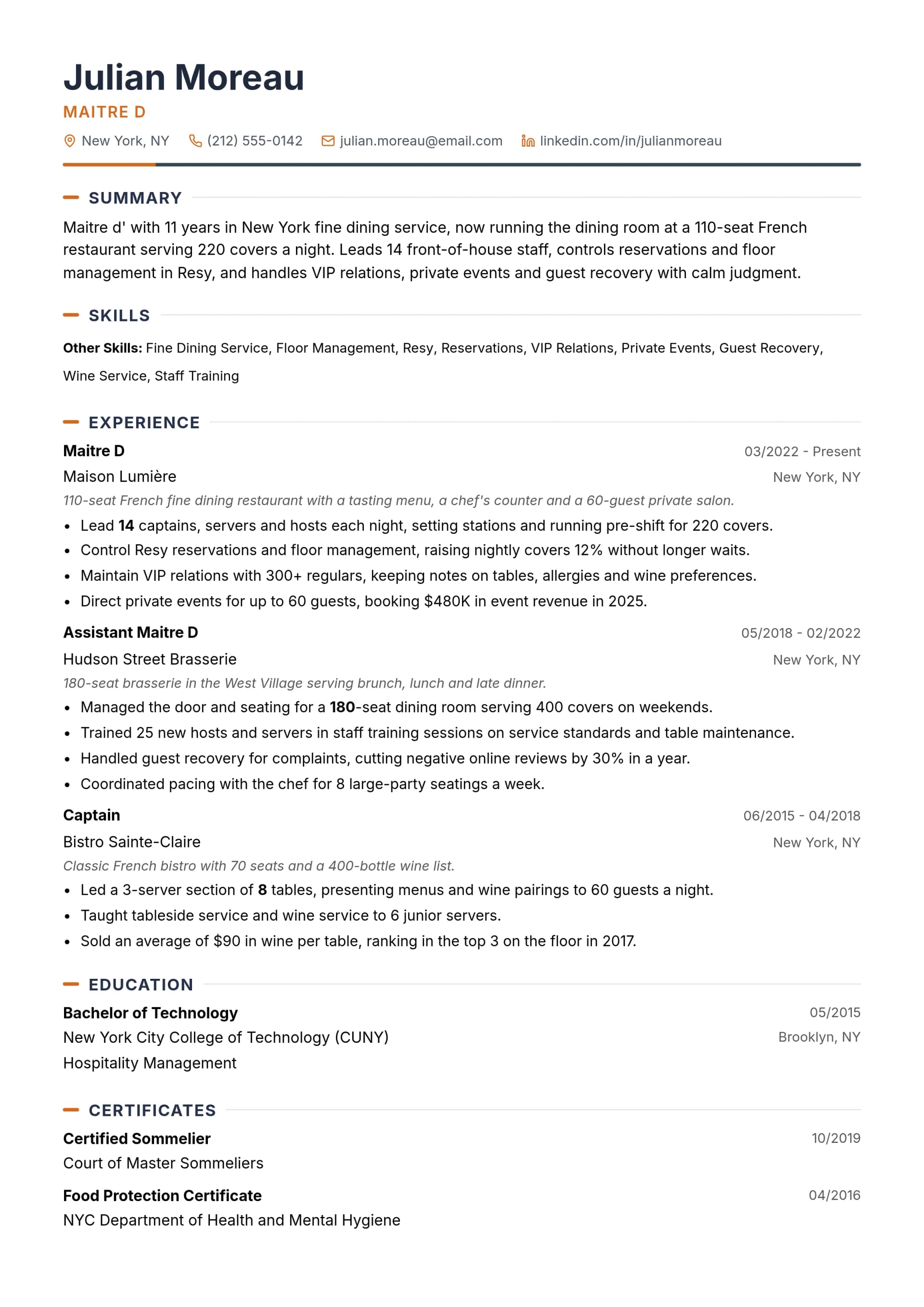 Maitre D resume example