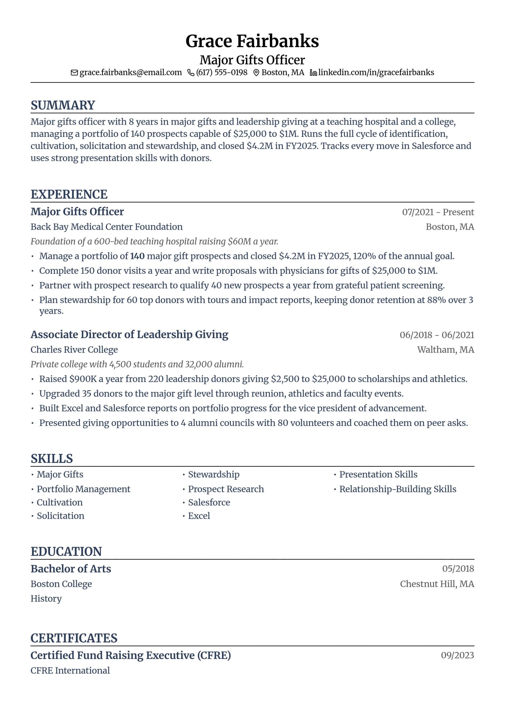 Major Gifts Officer resume example