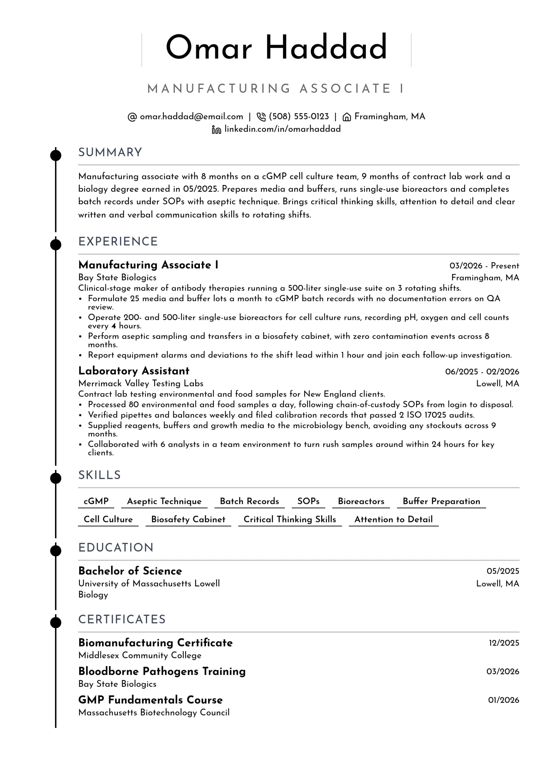 Manufacturing Associate I resume example
