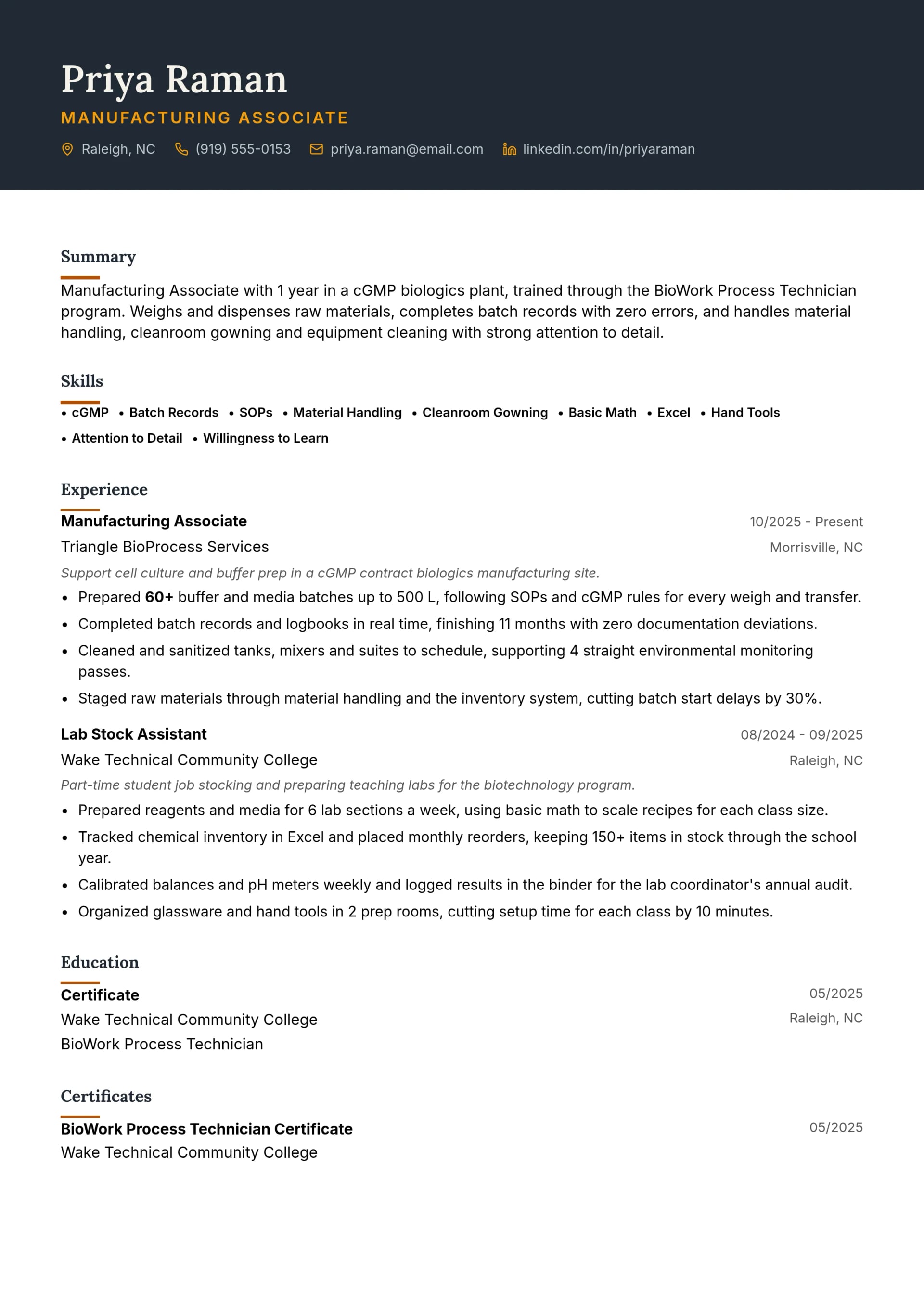 Manufacturing Associate resume example