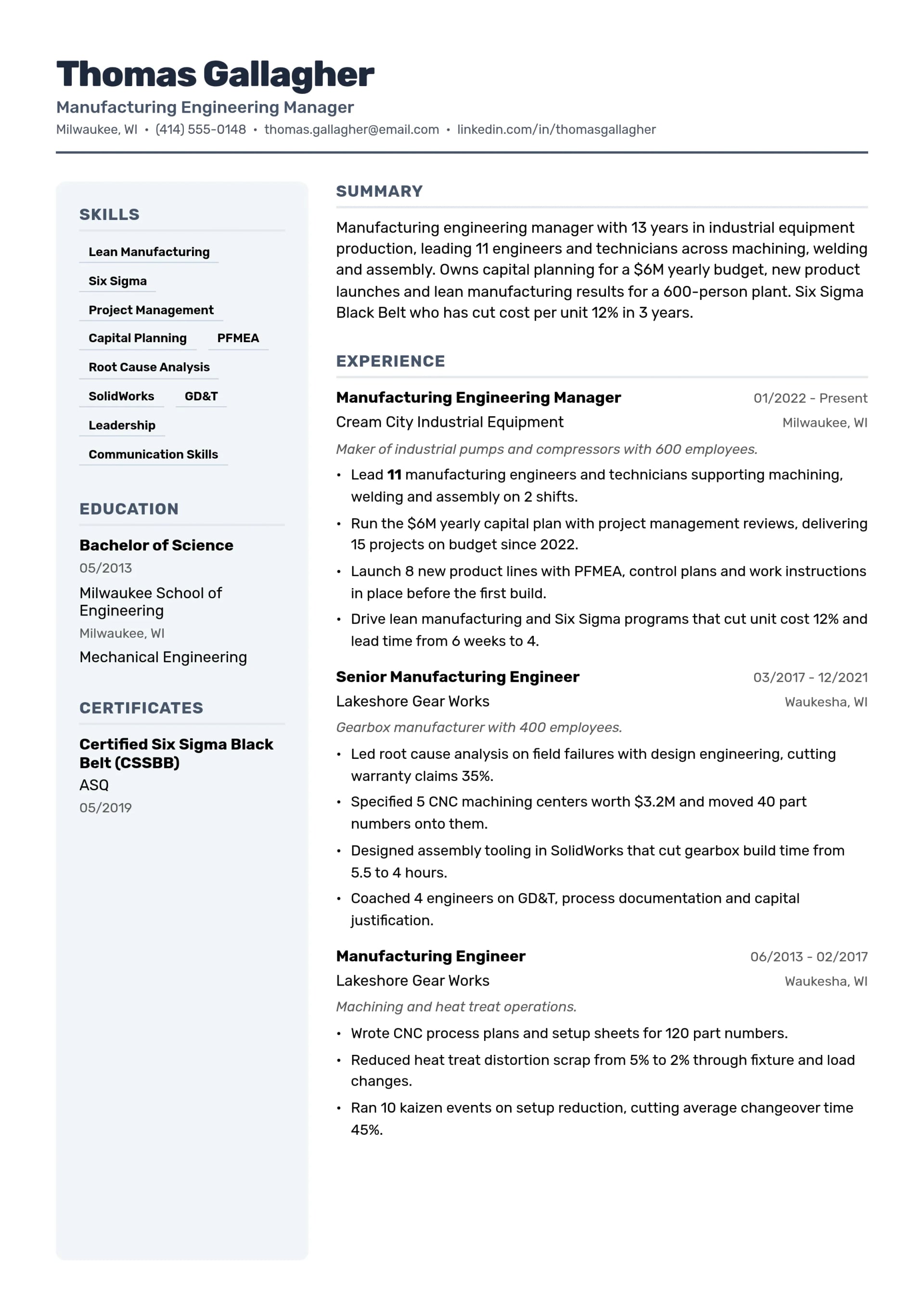 Manufacturing Engineering Manager resume example