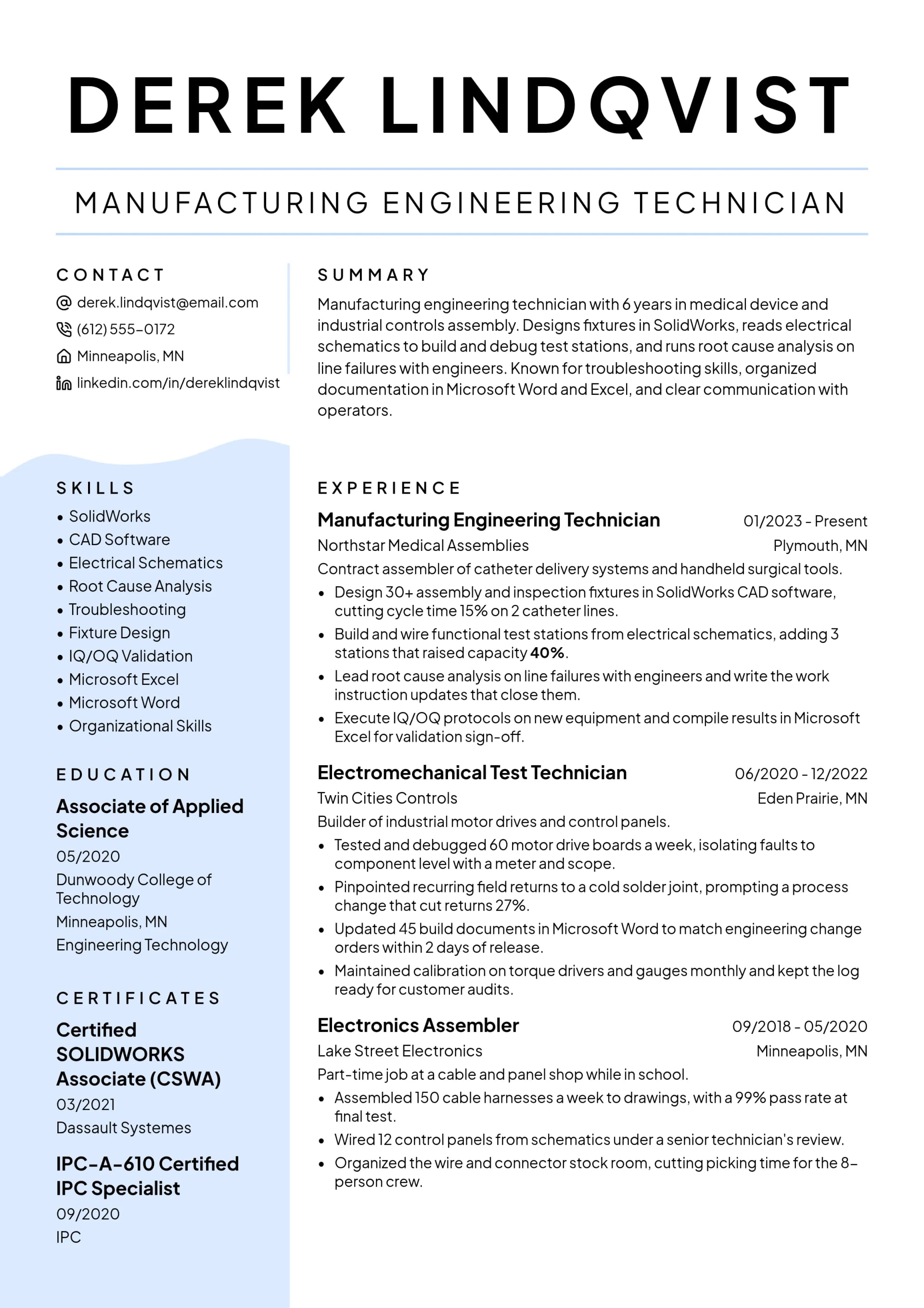 Manufacturing Engineering Technician resume example