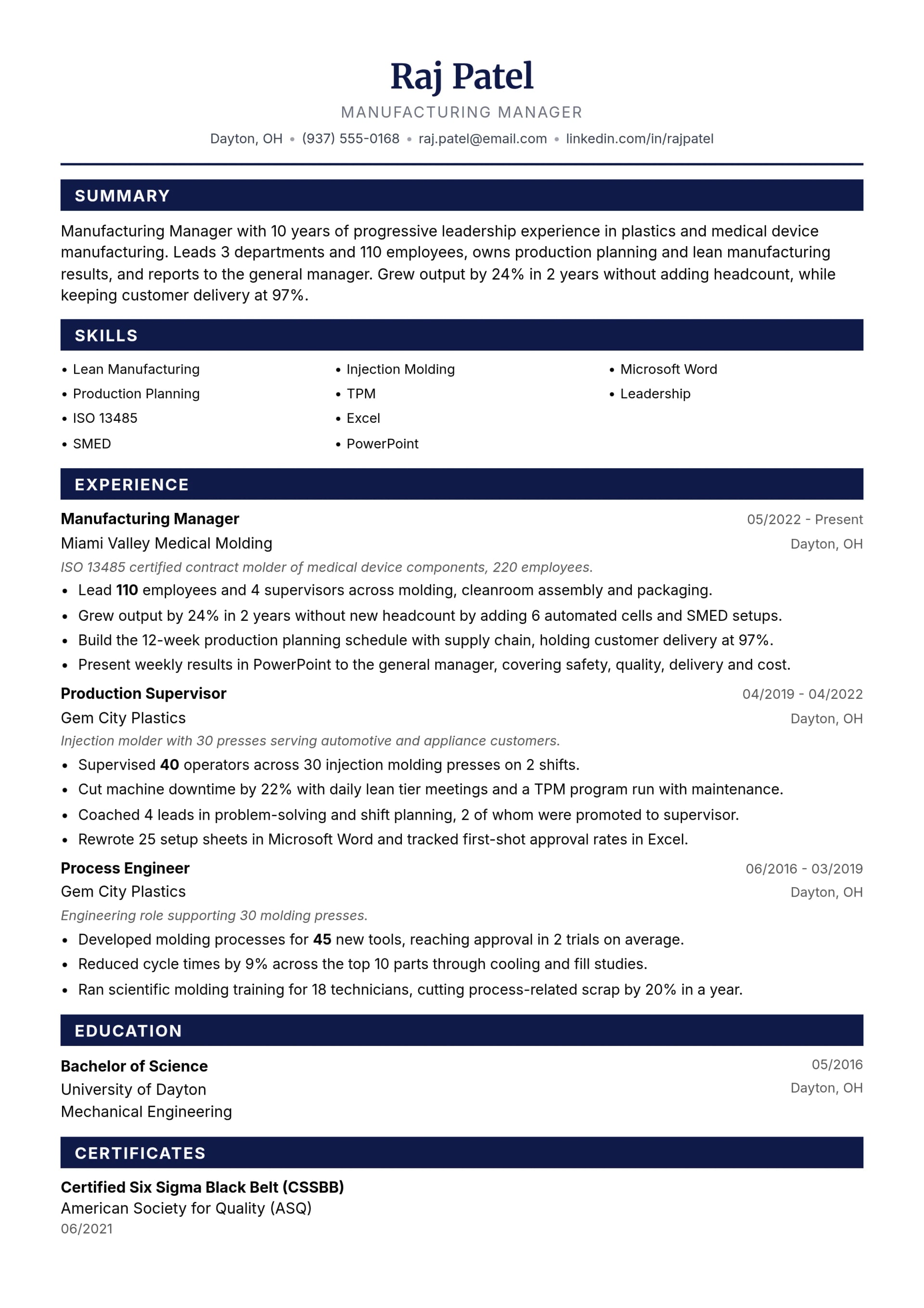 Manufacturing Manager resume example