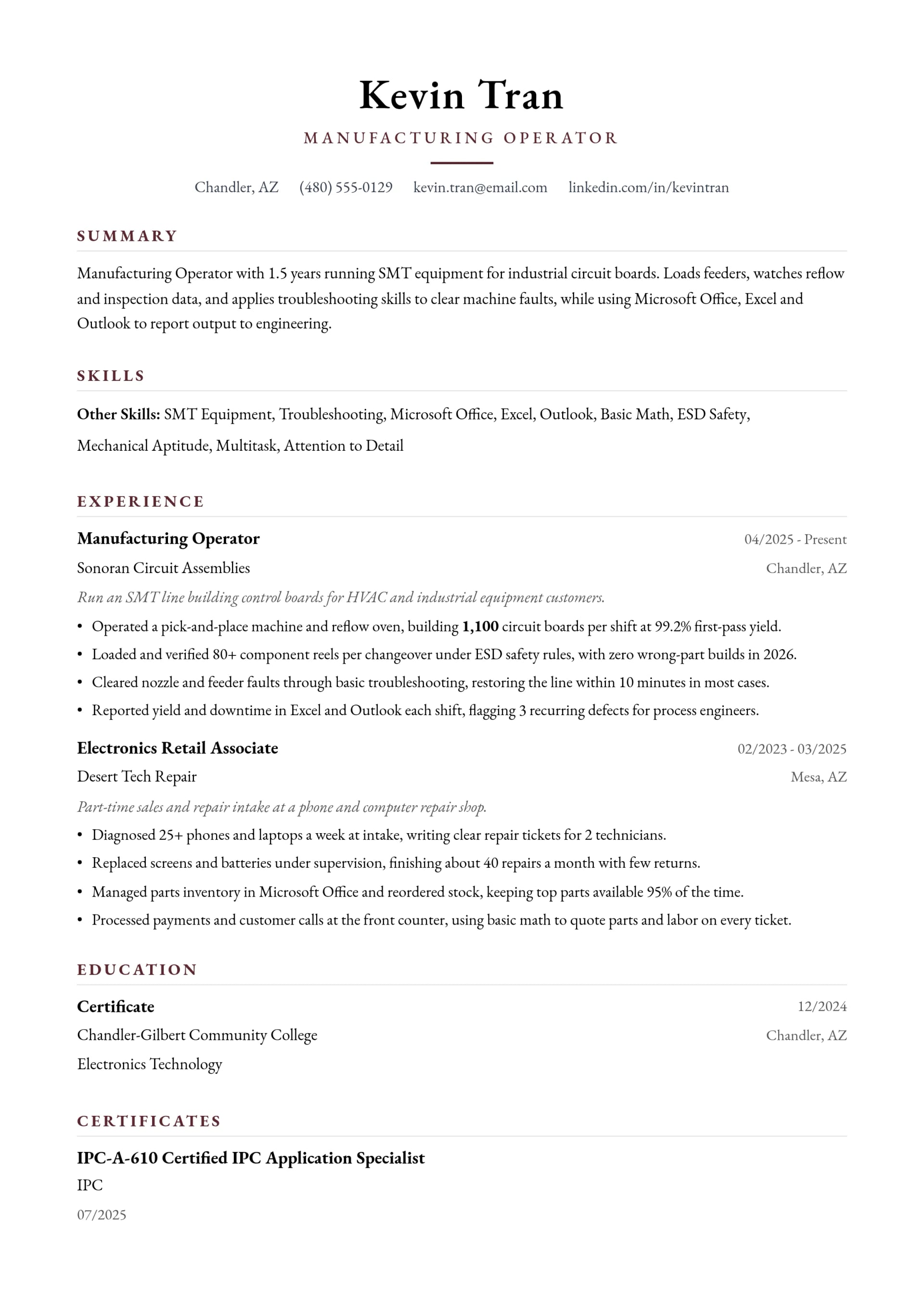 Manufacturing Operator resume example