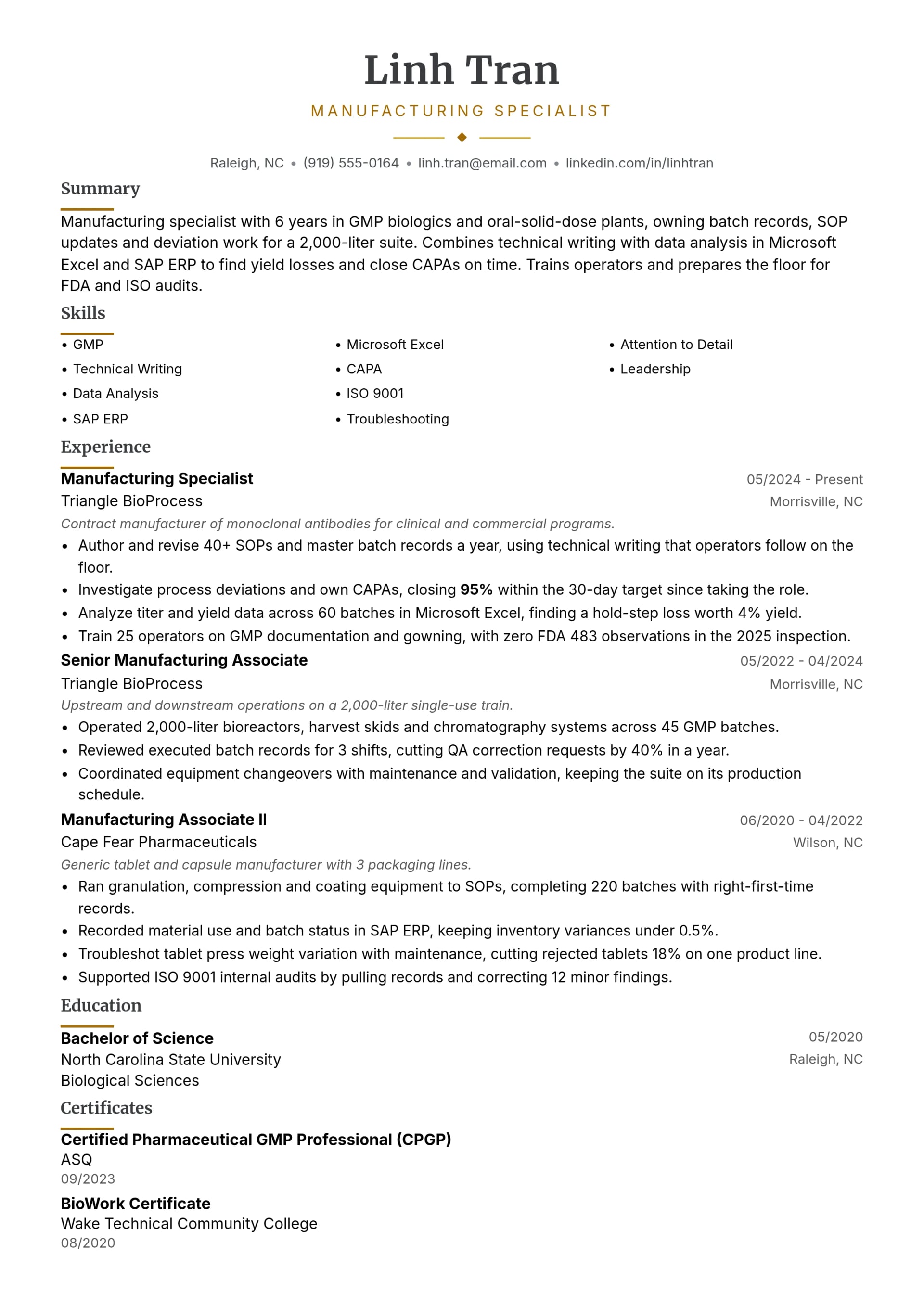 Manufacturing Specialist resume example