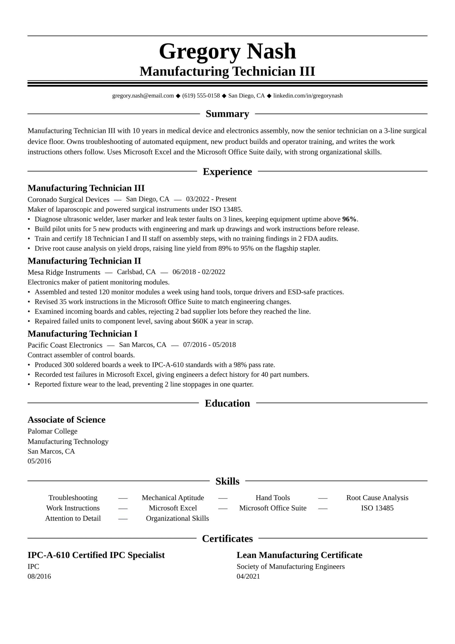Manufacturing Technician III resume example