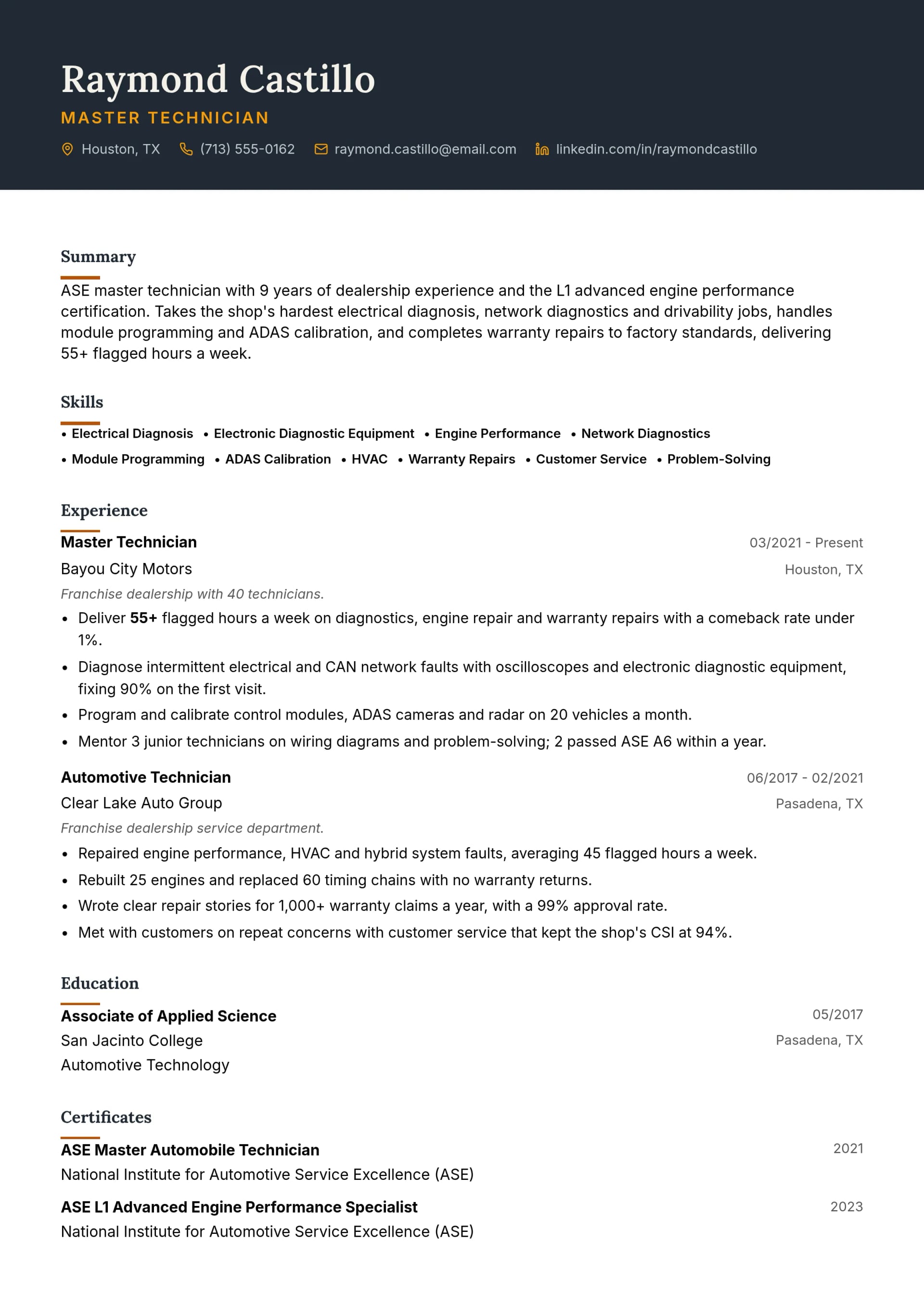 Master Technician resume example