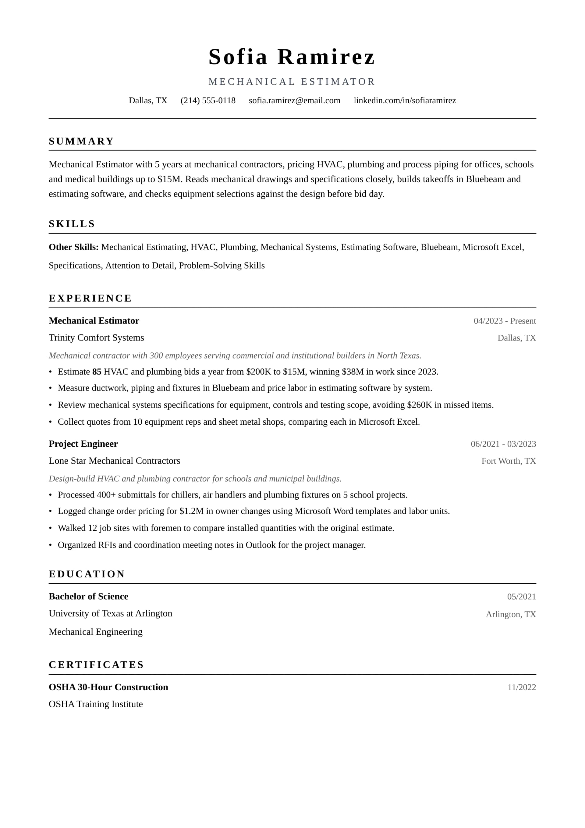 Mechanical Estimator resume example