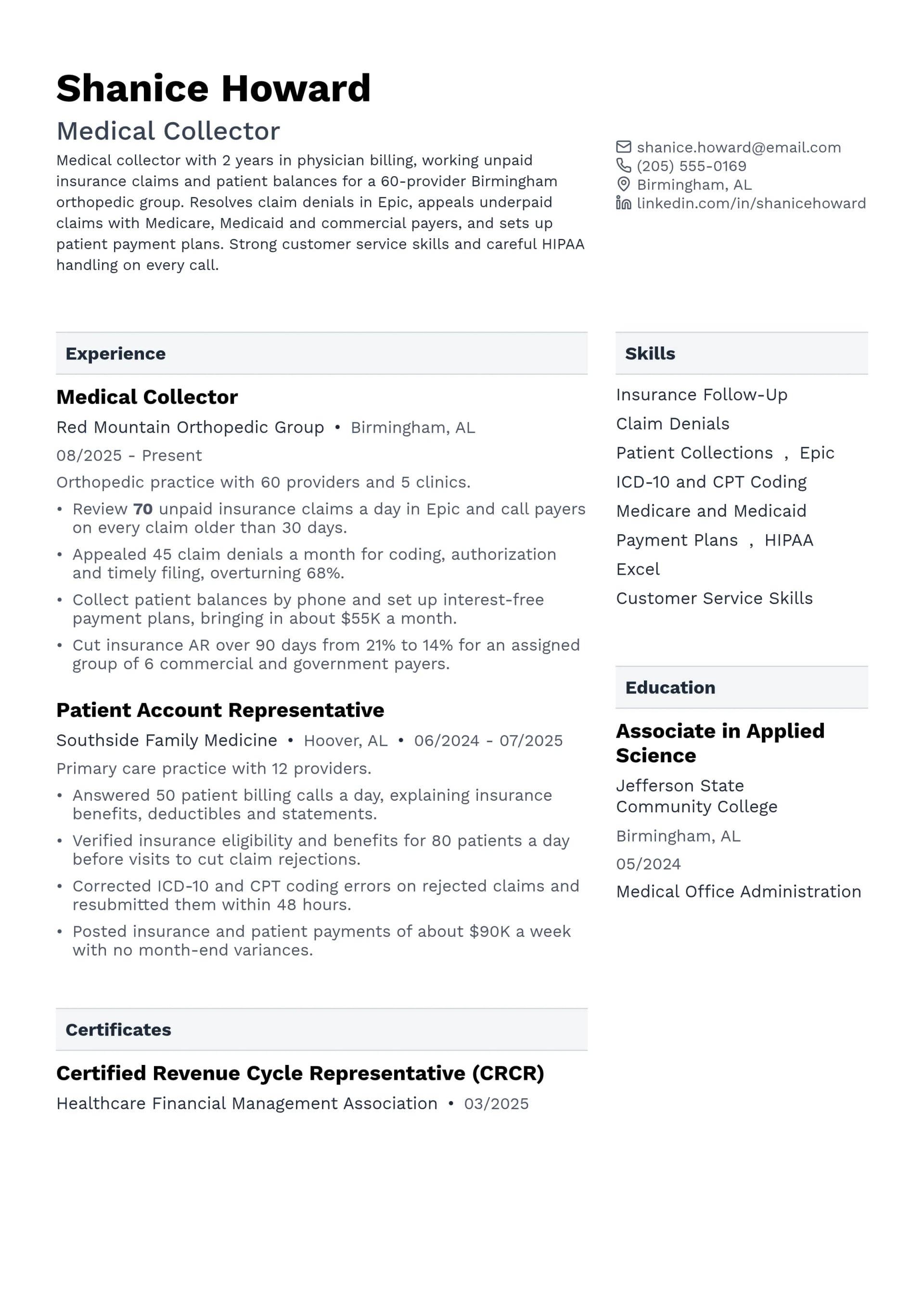 Medical Collector resume example