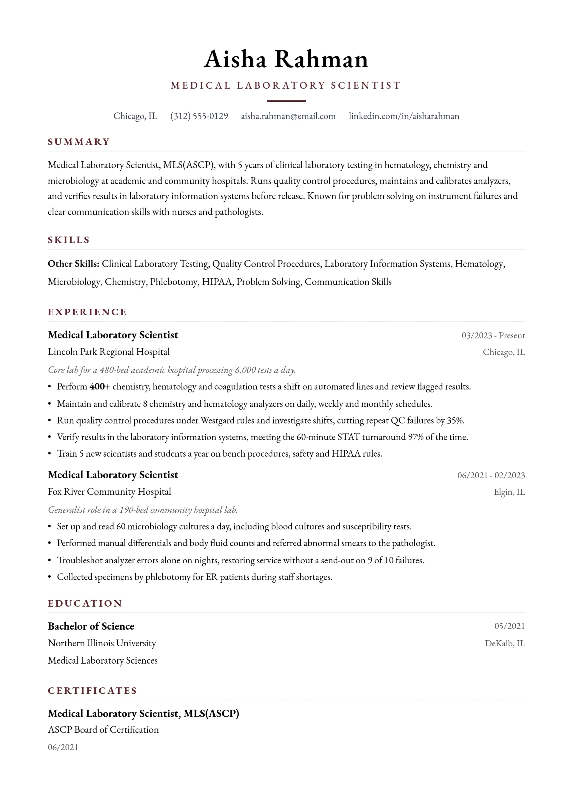 Medical Laboratory Scientist resume example