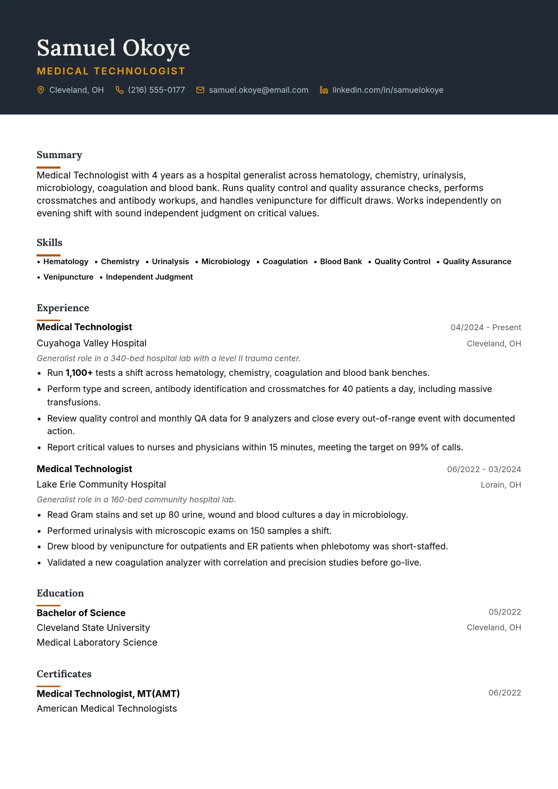 Medical Technologist resume example