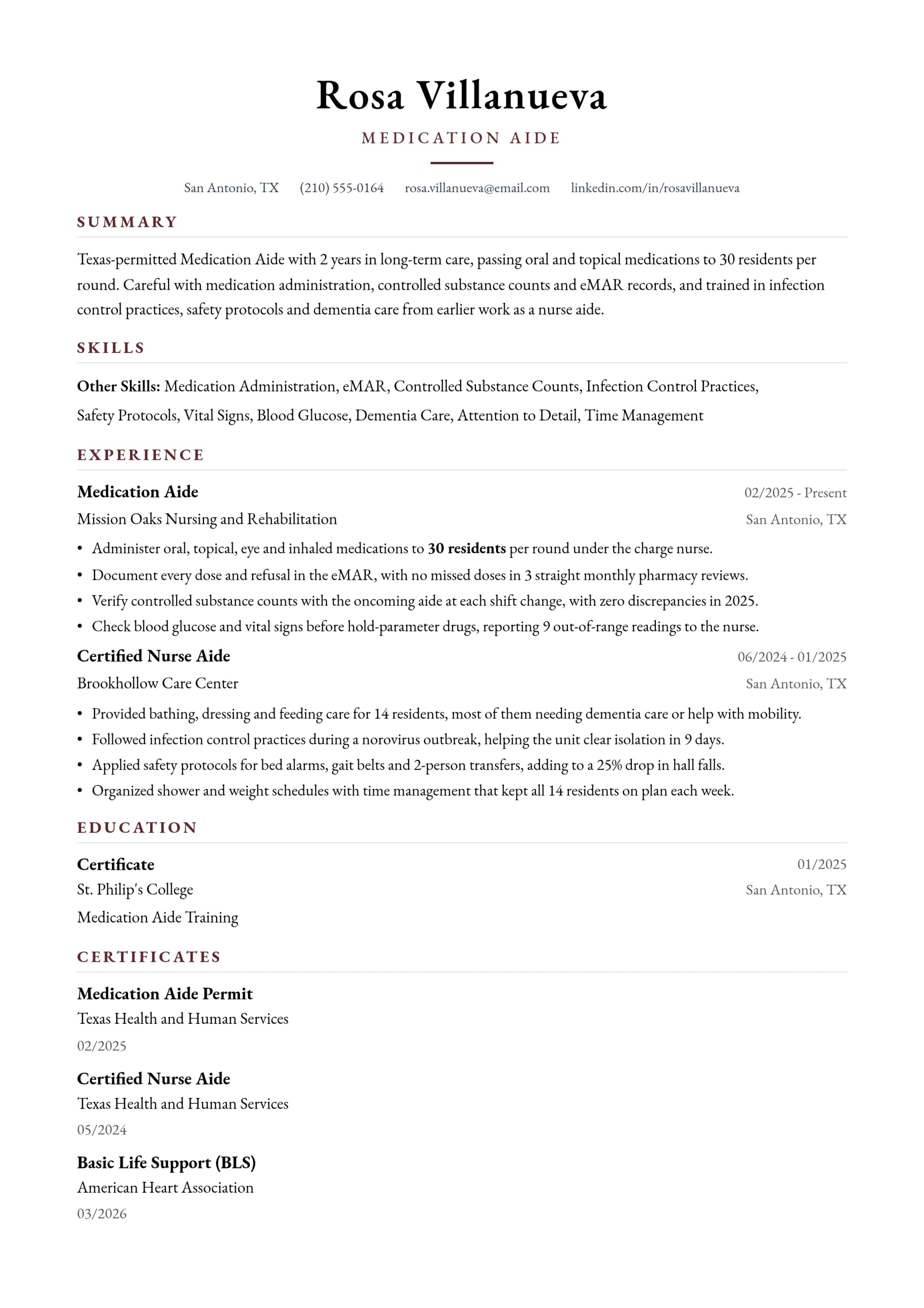 Medication Aide resume example
