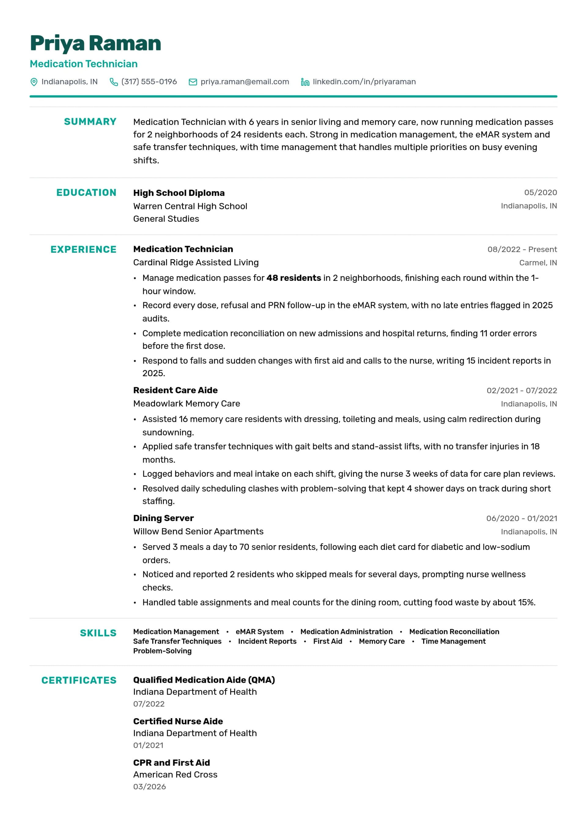 Medication Technician resume example