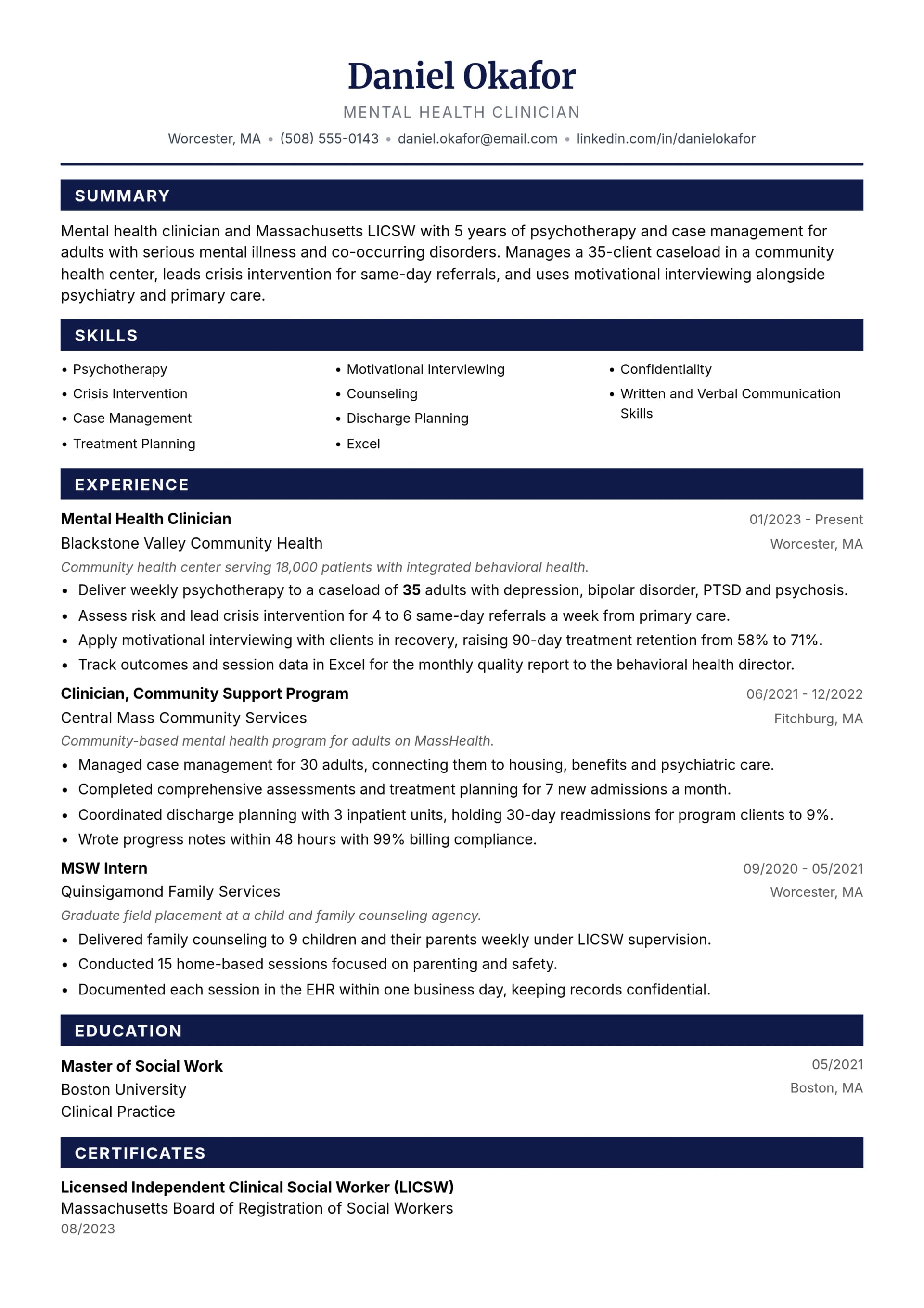 Mental Health Clinician resume example
