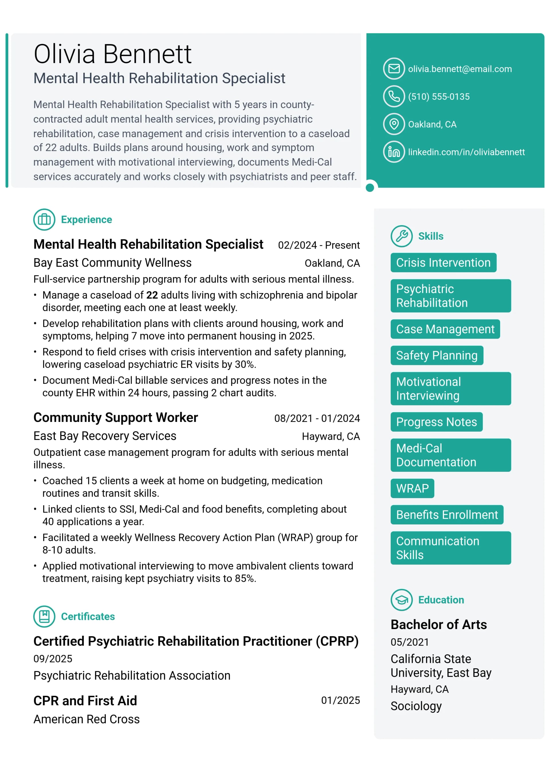 Mental Health Rehabilitation Specialist resume example