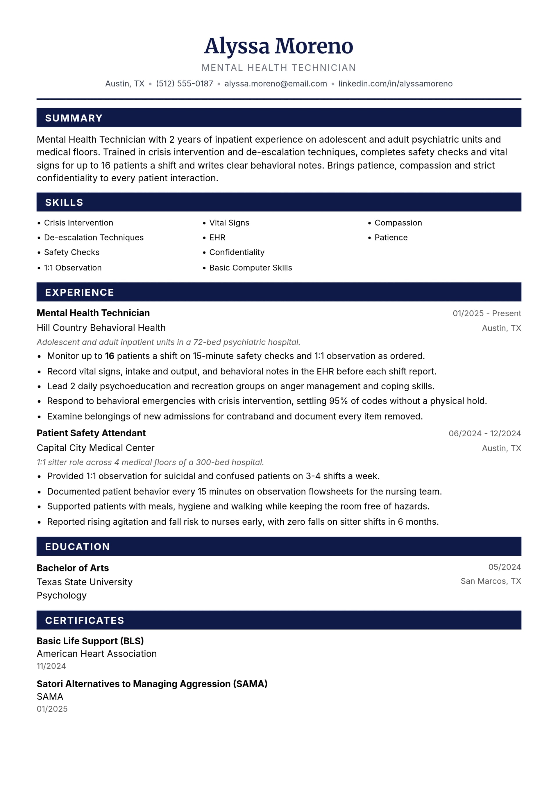 Mental Health Technician resume example