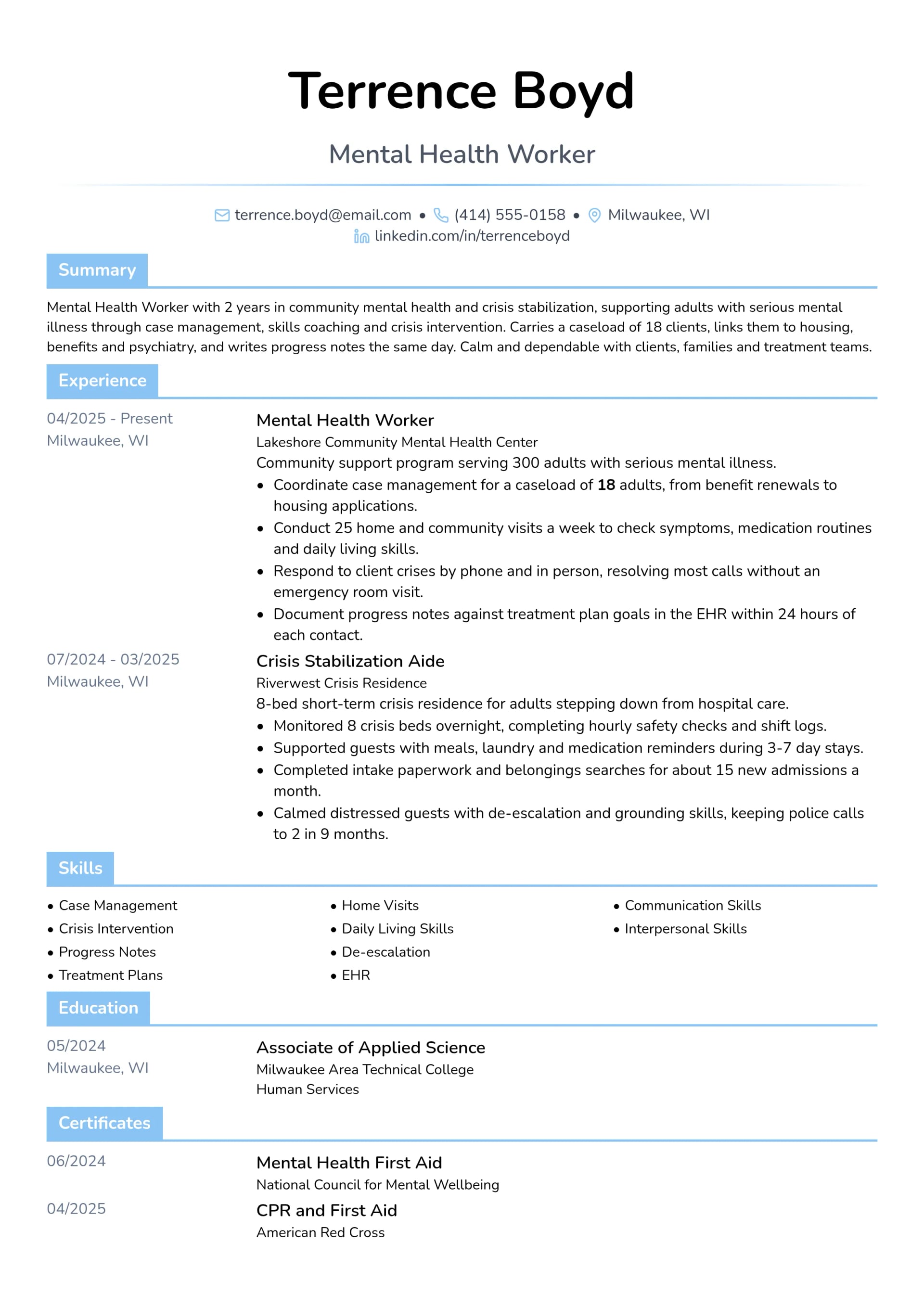 Mental Health Worker resume example