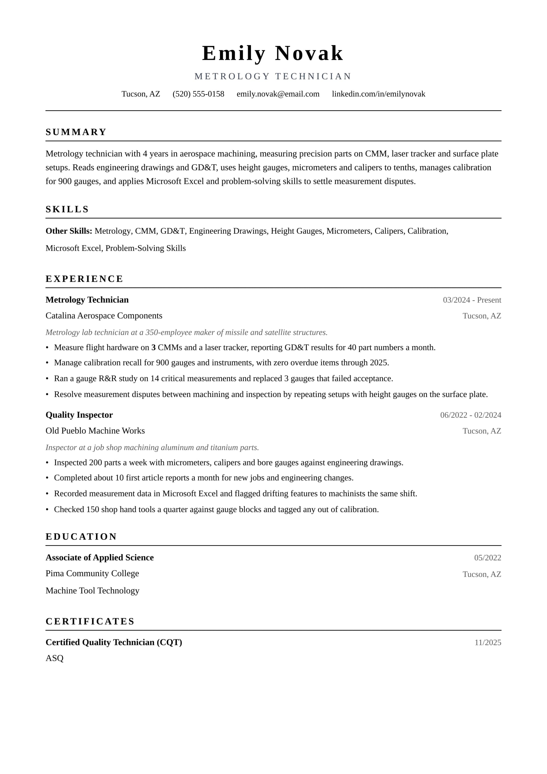 Metrology Technician resume example