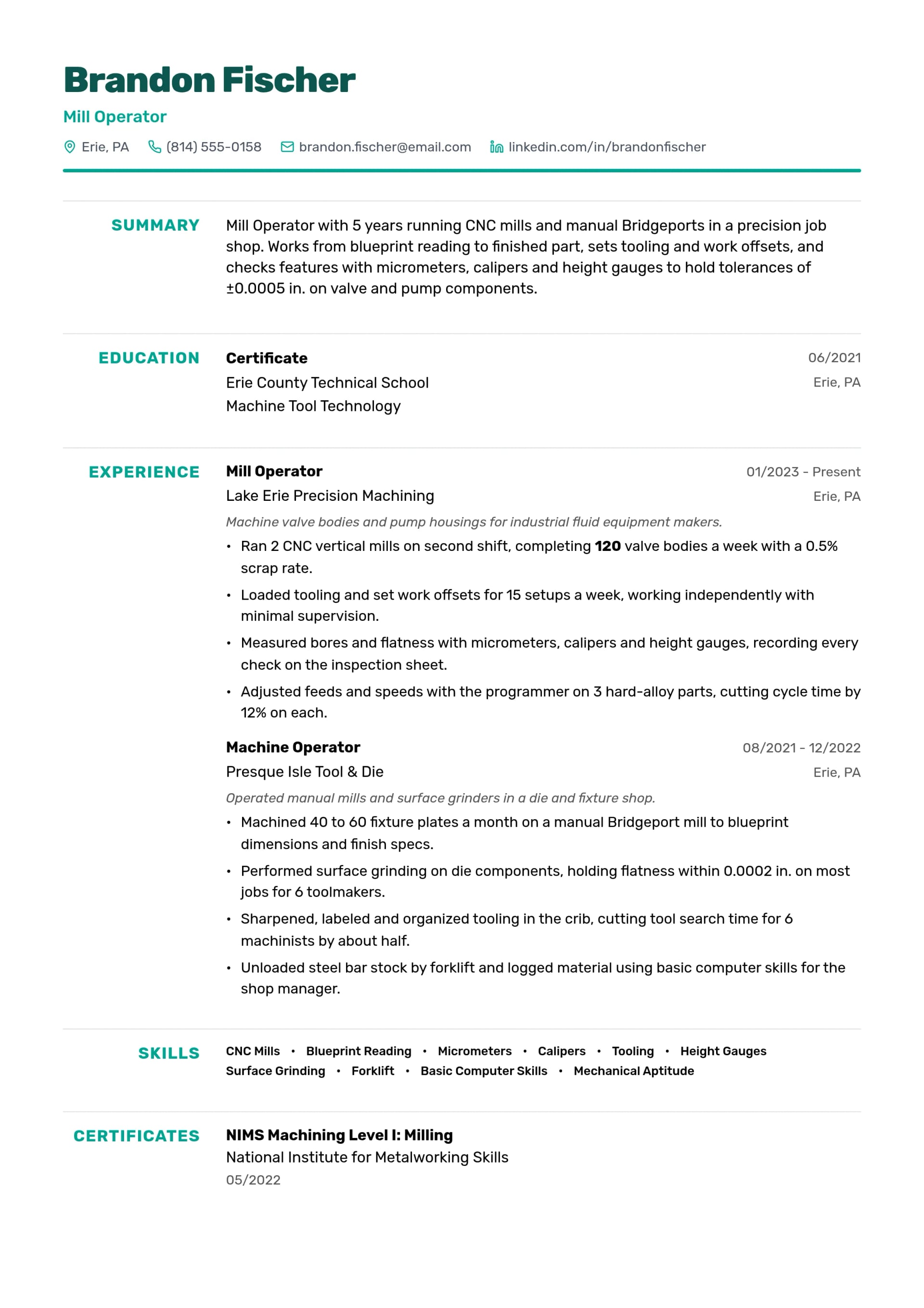 Mill Operator resume example