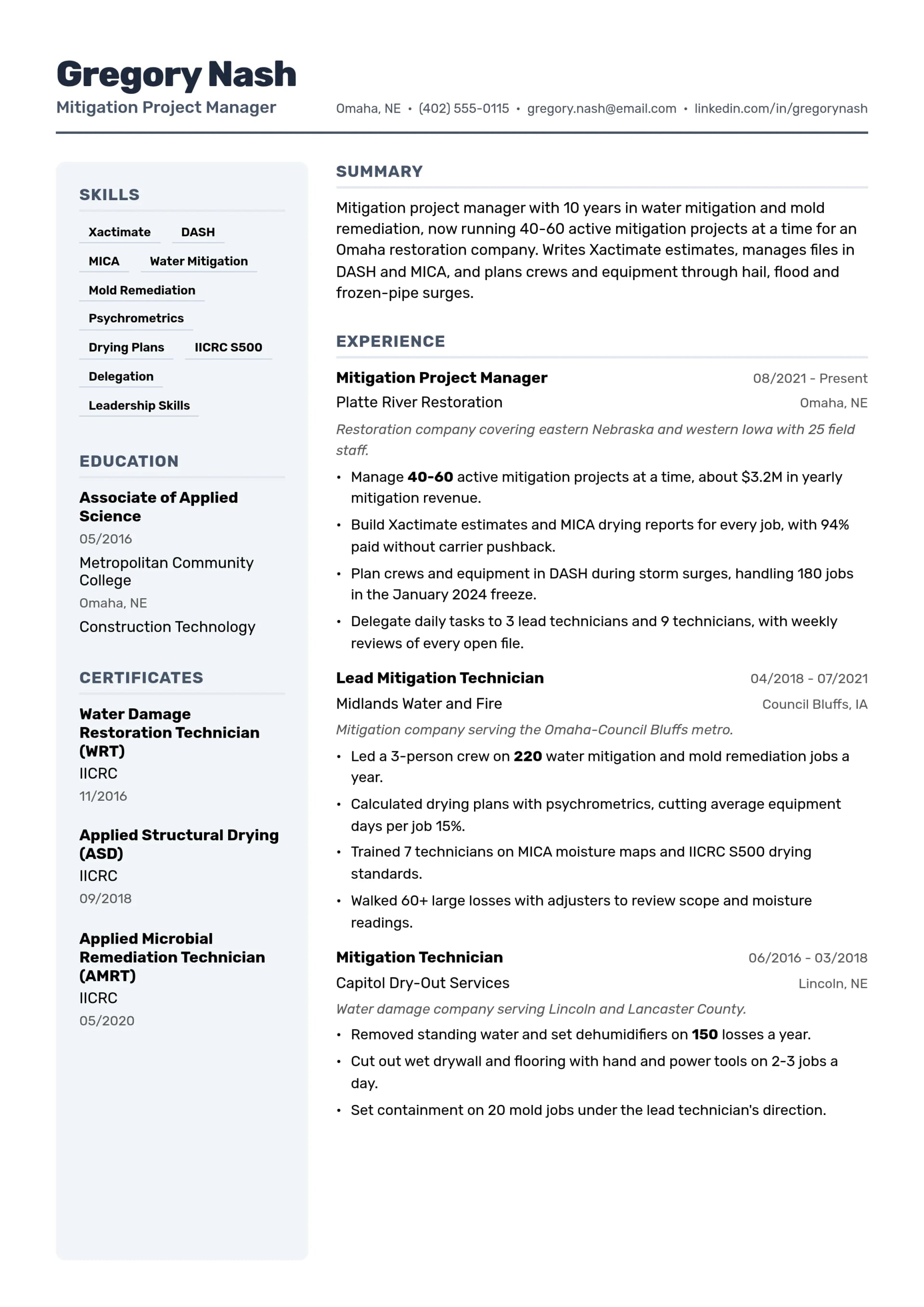 Mitigation Project Manager resume example