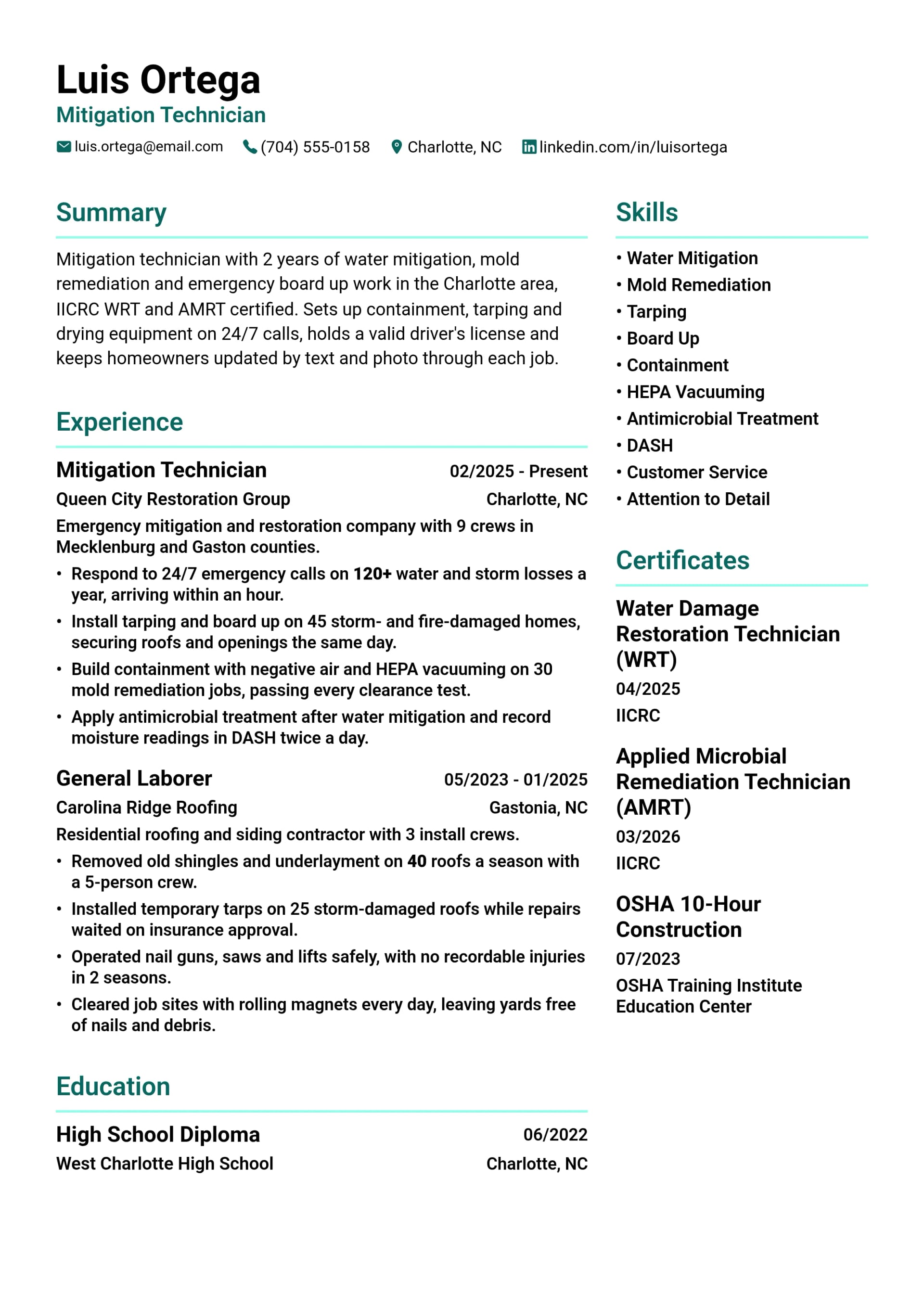 Mitigation Technician resume example