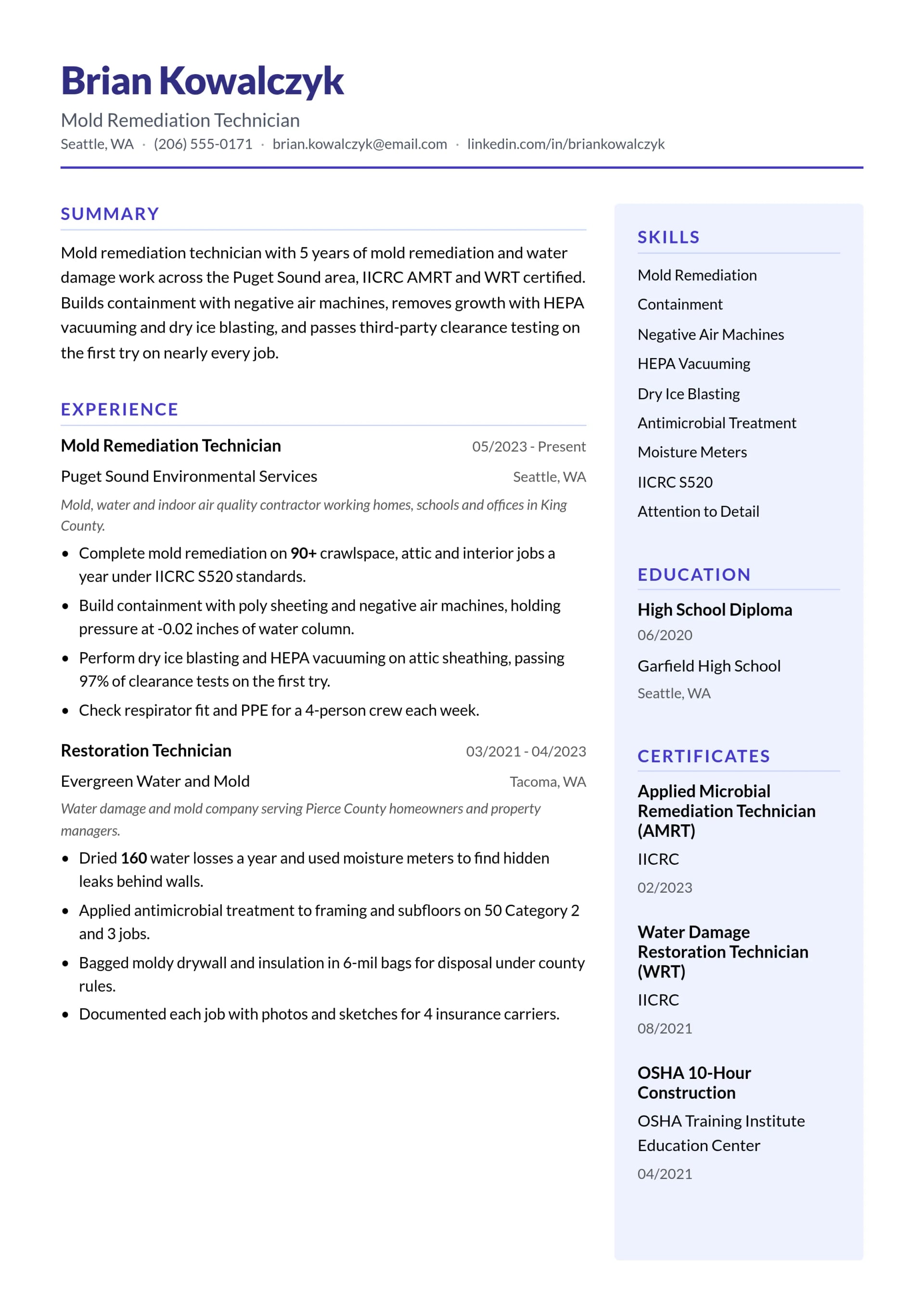 Mold Remediation Technician resume example