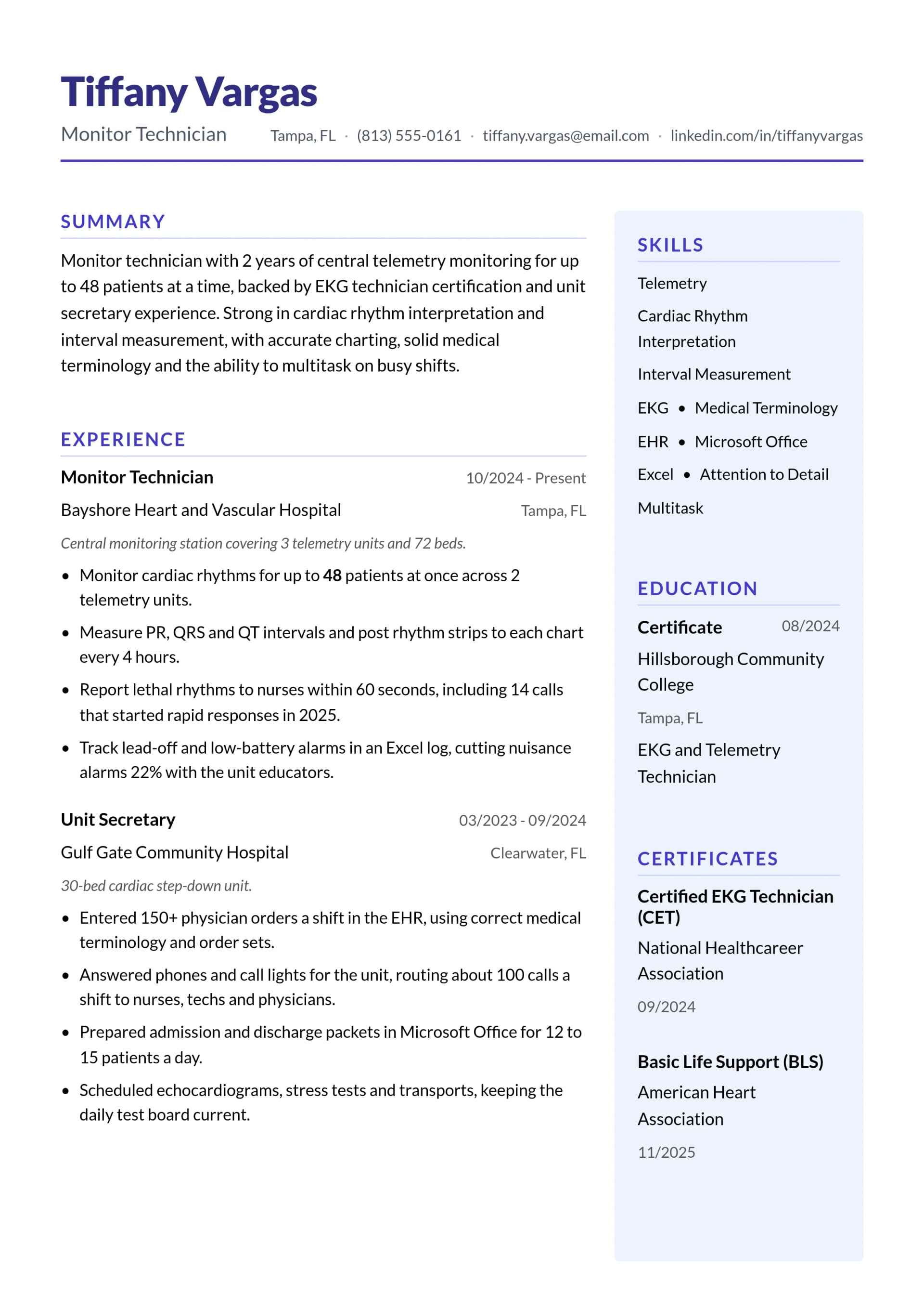 Monitor Technician resume example