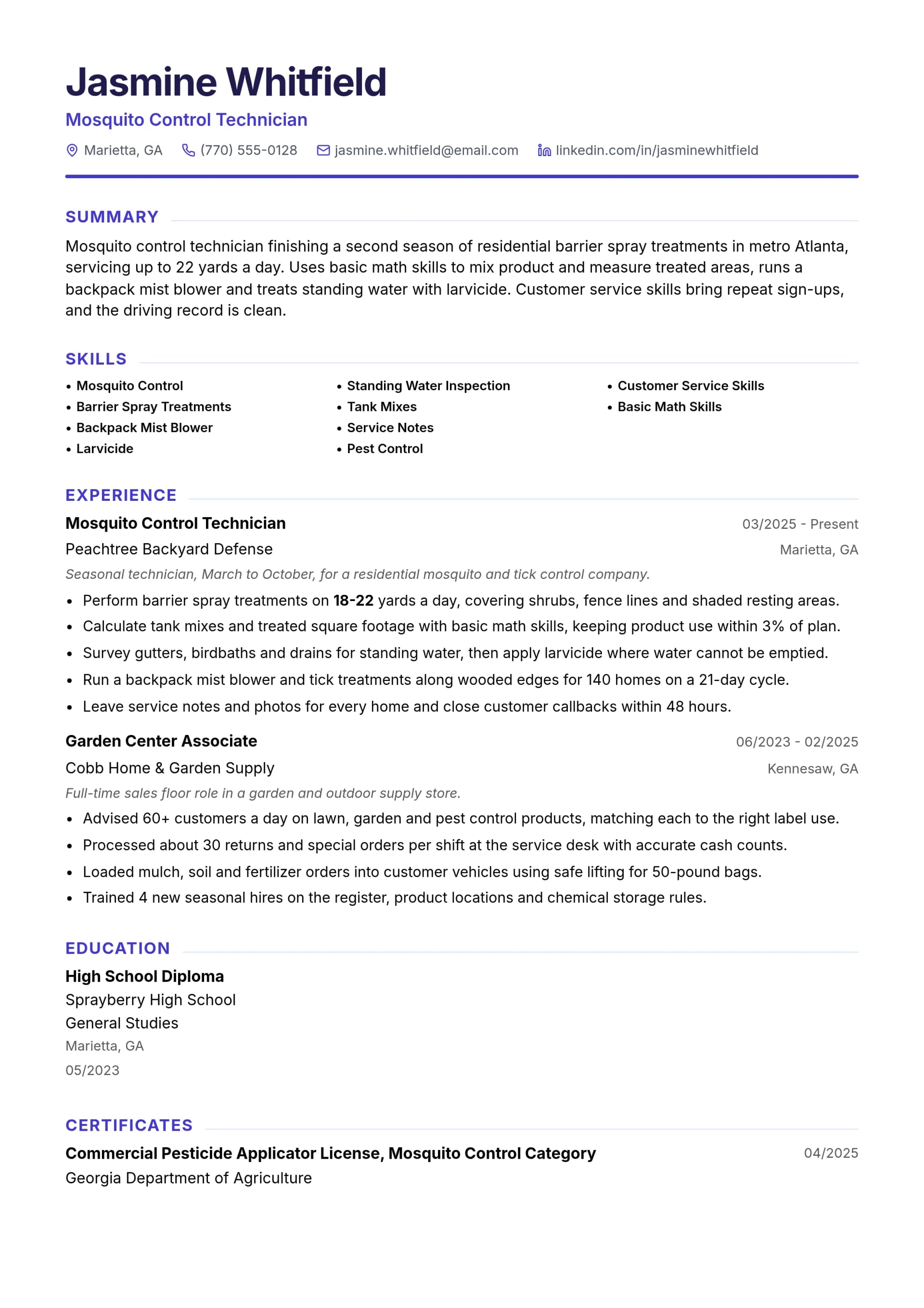 Mosquito Control Technician resume example