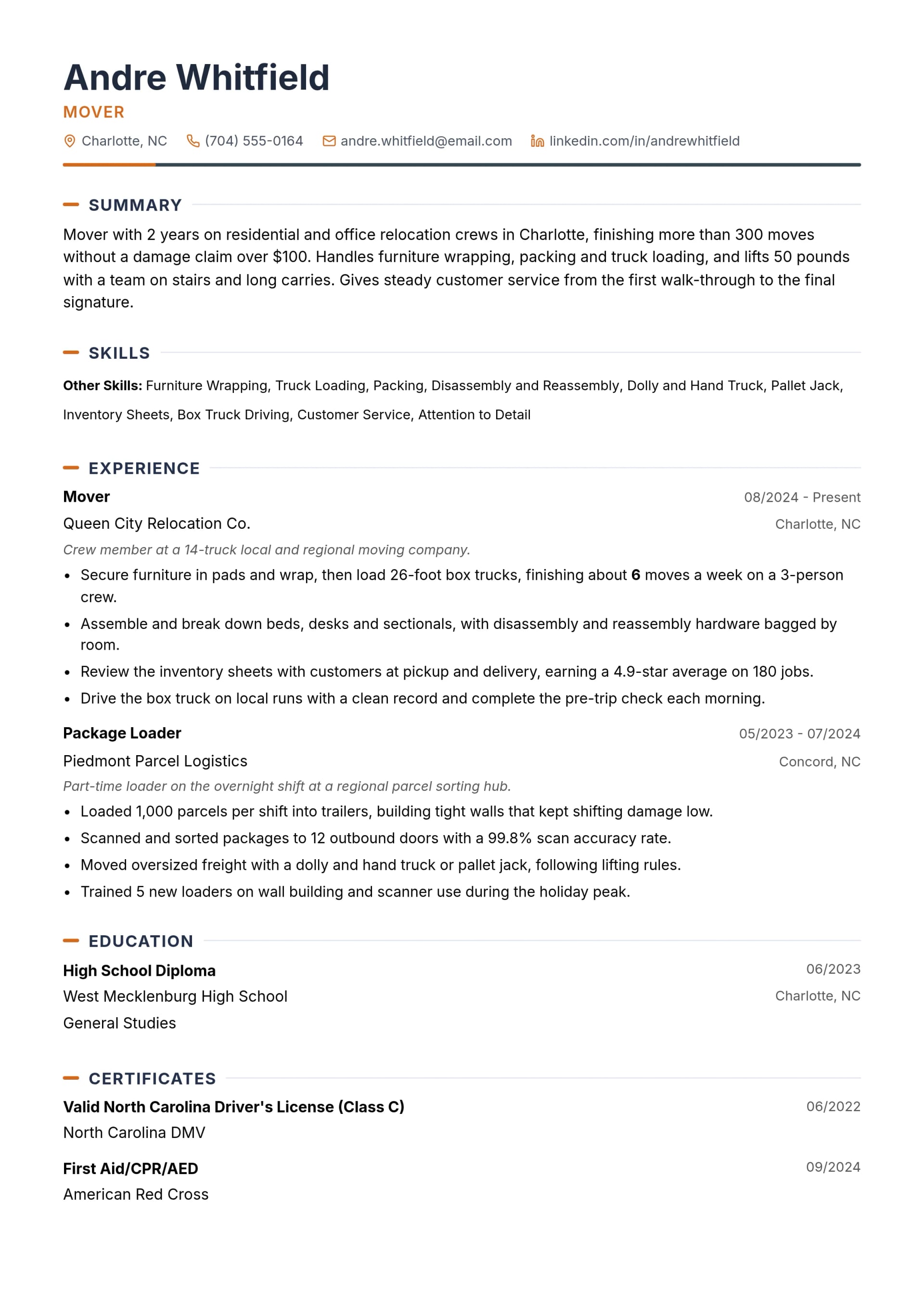 Mover resume example