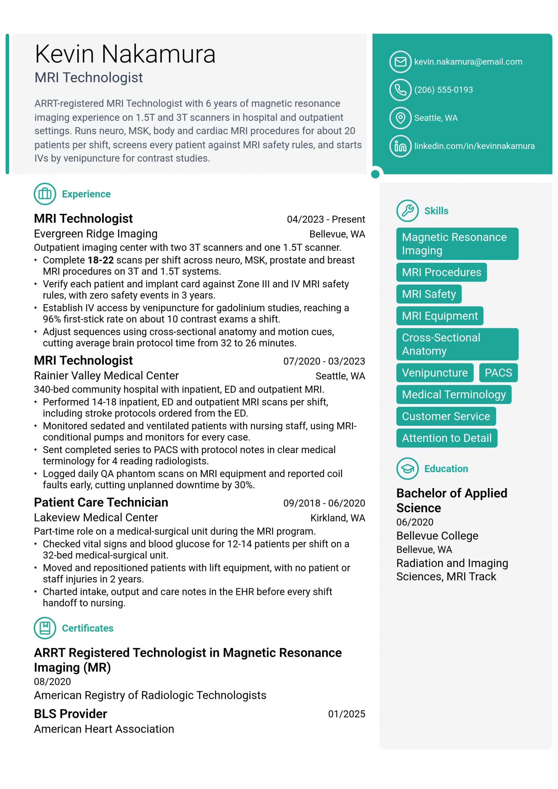 MRI Technologist resume example