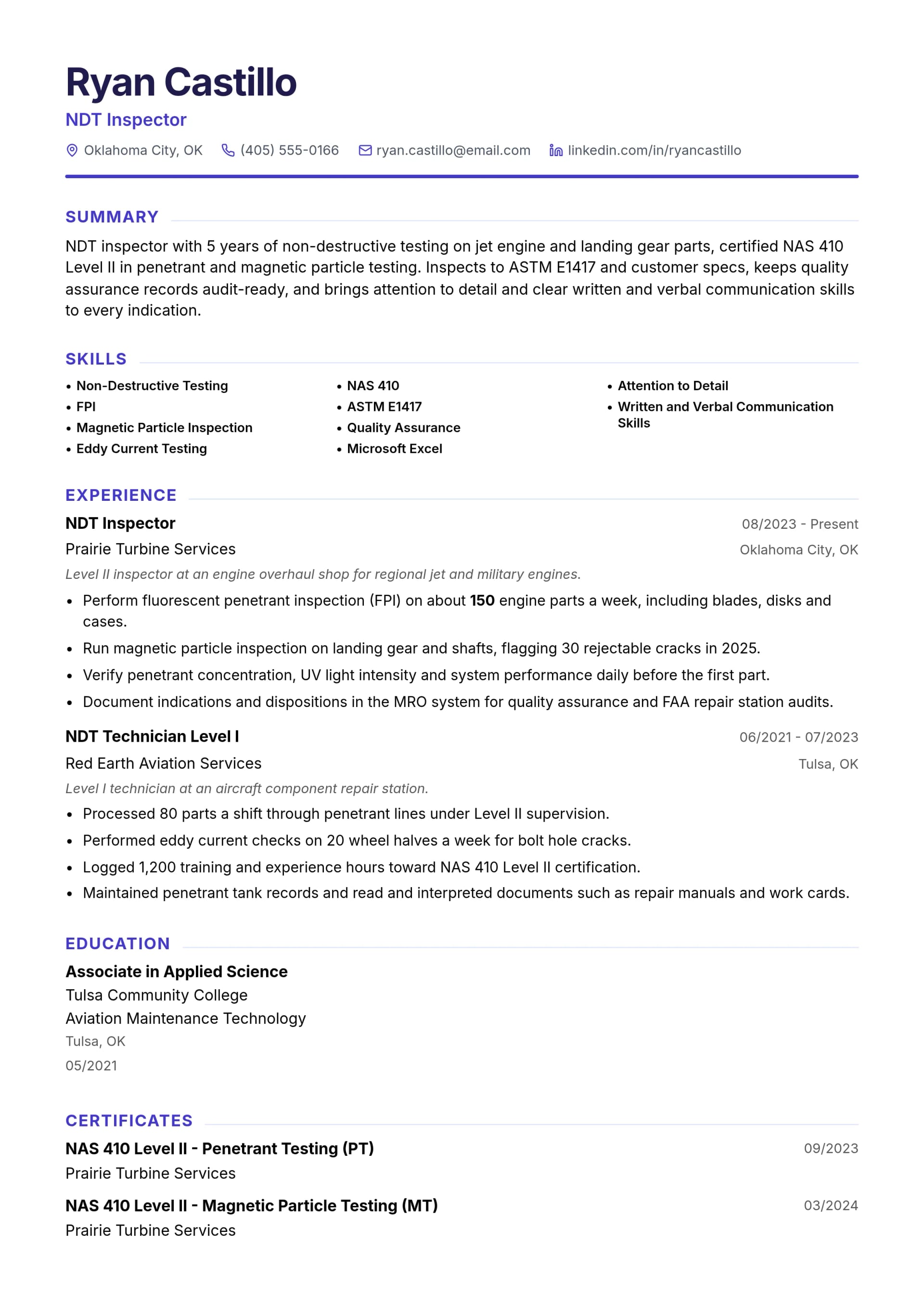 NDT Inspector resume example