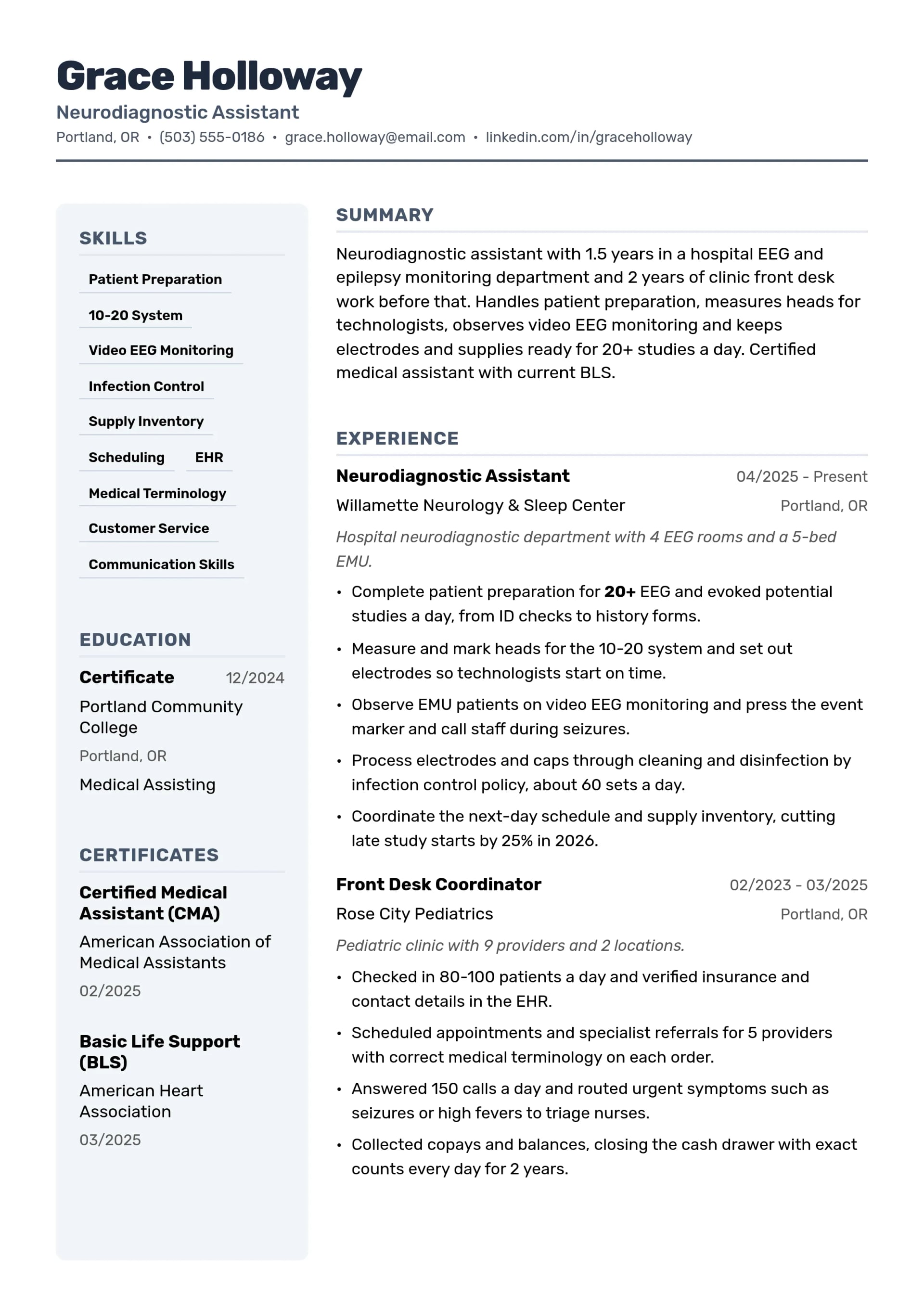 Neurodiagnostic Assistant resume example