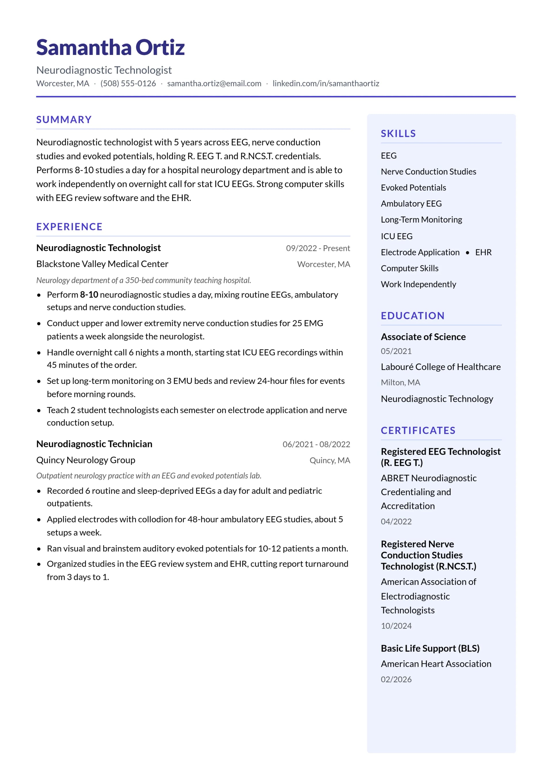 Neurodiagnostic Technologist resume example