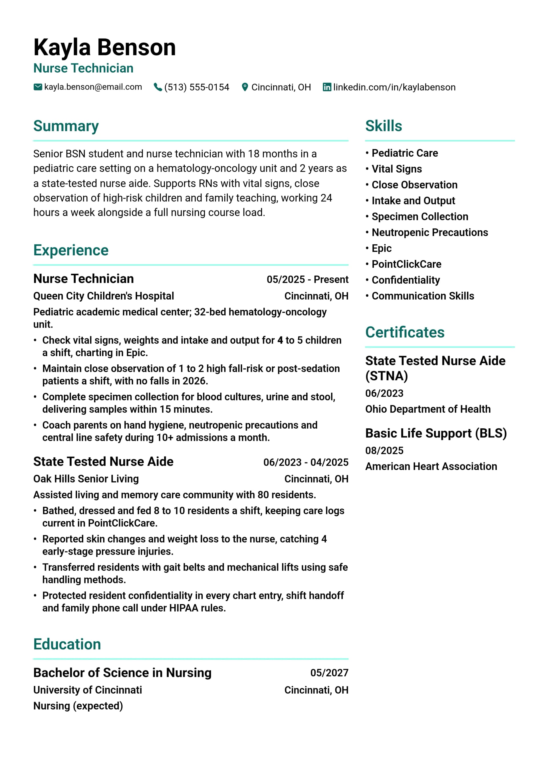 Nurse Technician resume example