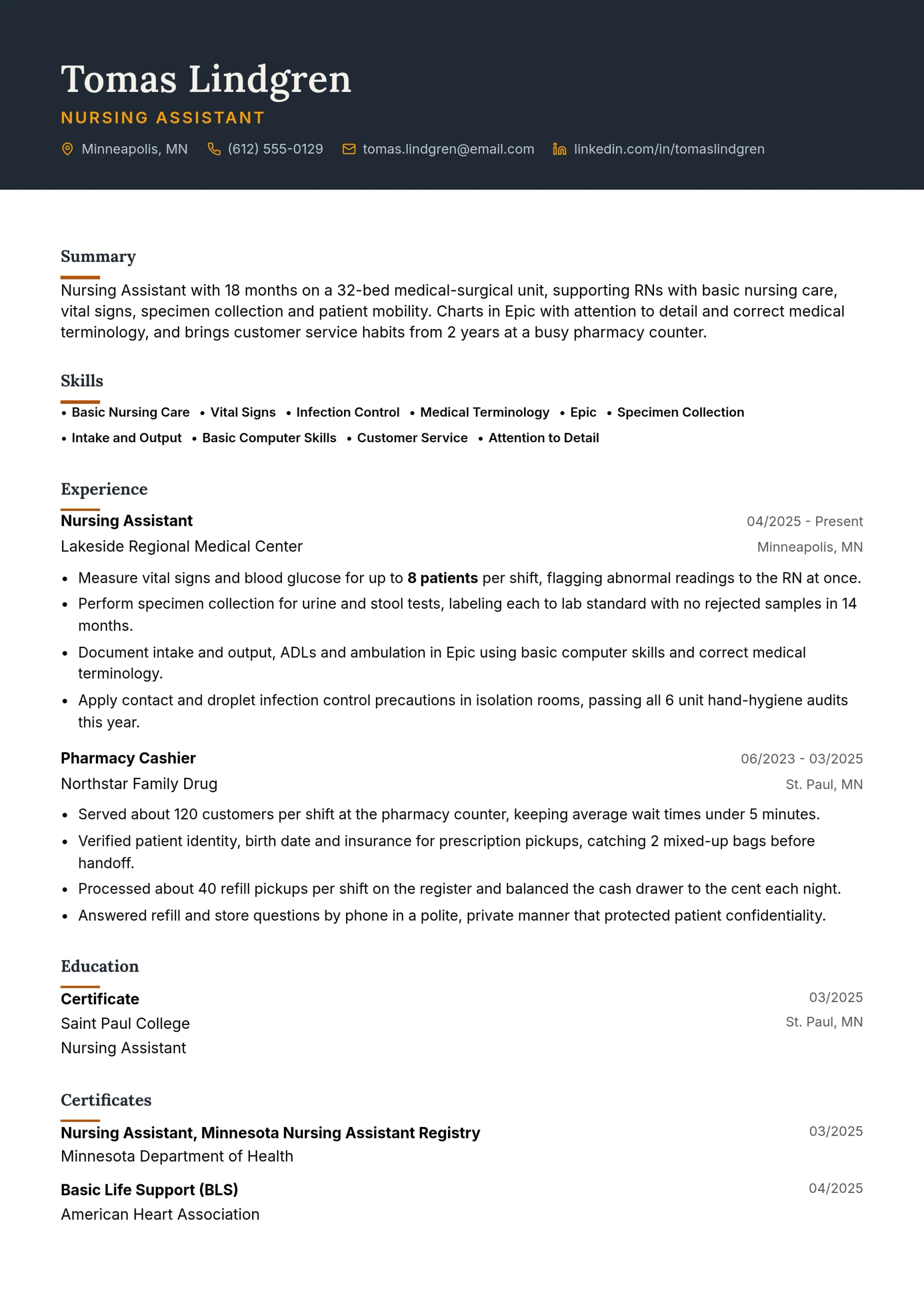 Nursing Assistant resume example