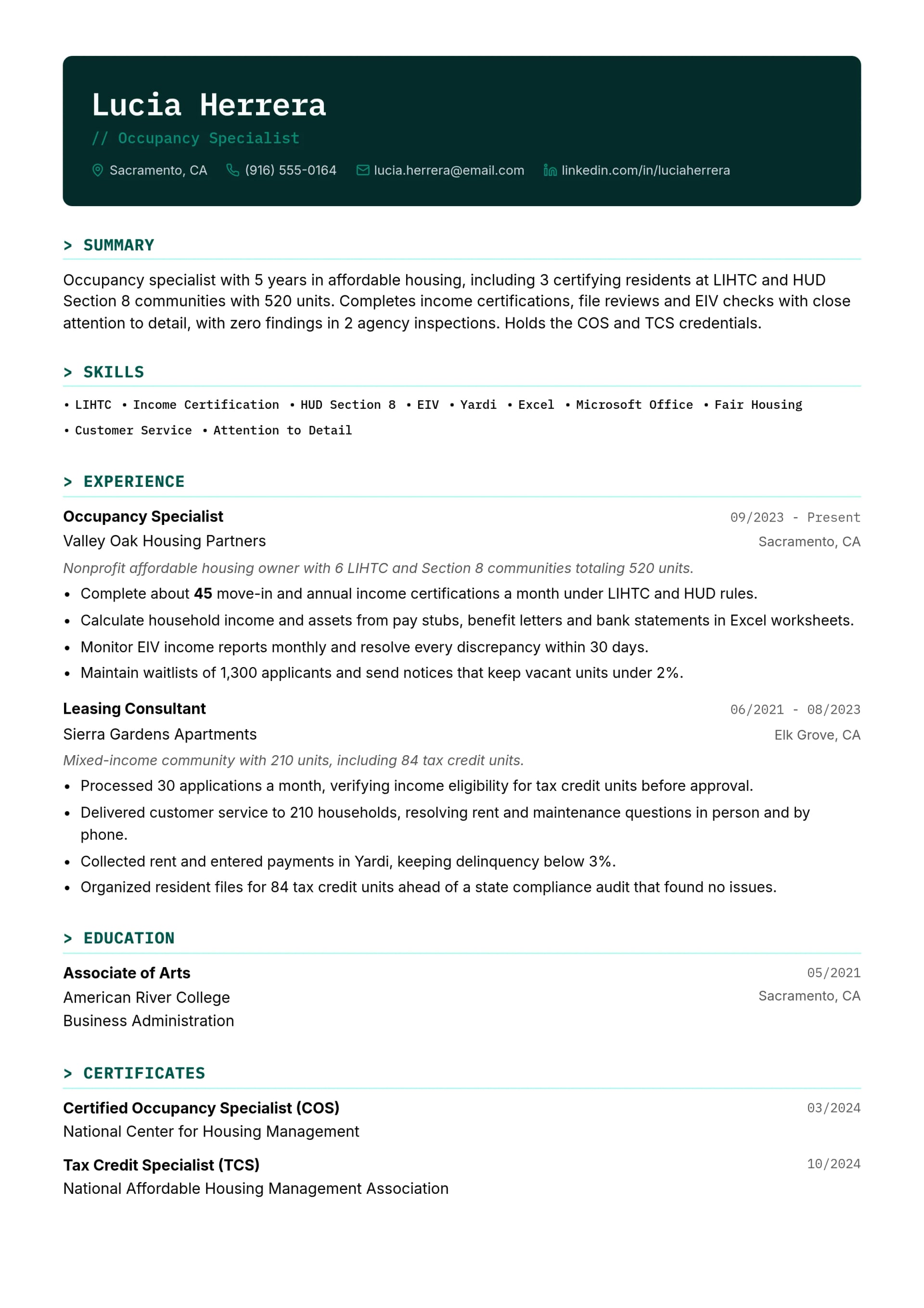 Occupancy Specialist resume example