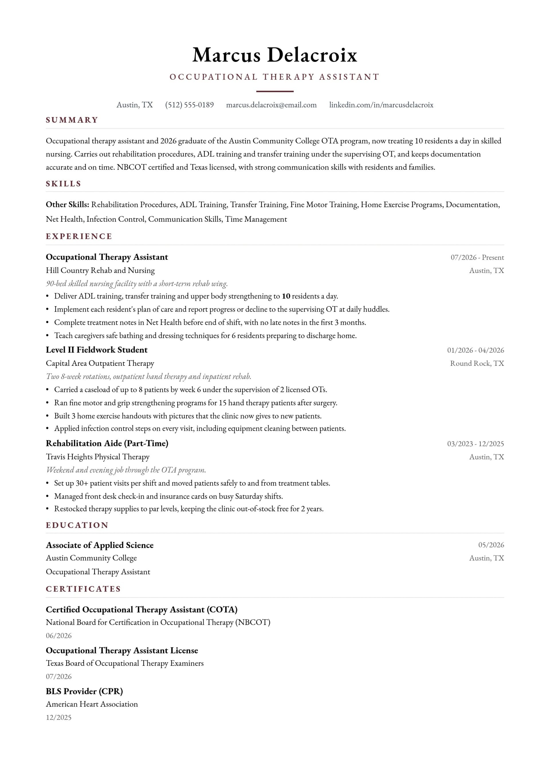 Occupational Therapy Assistant resume example