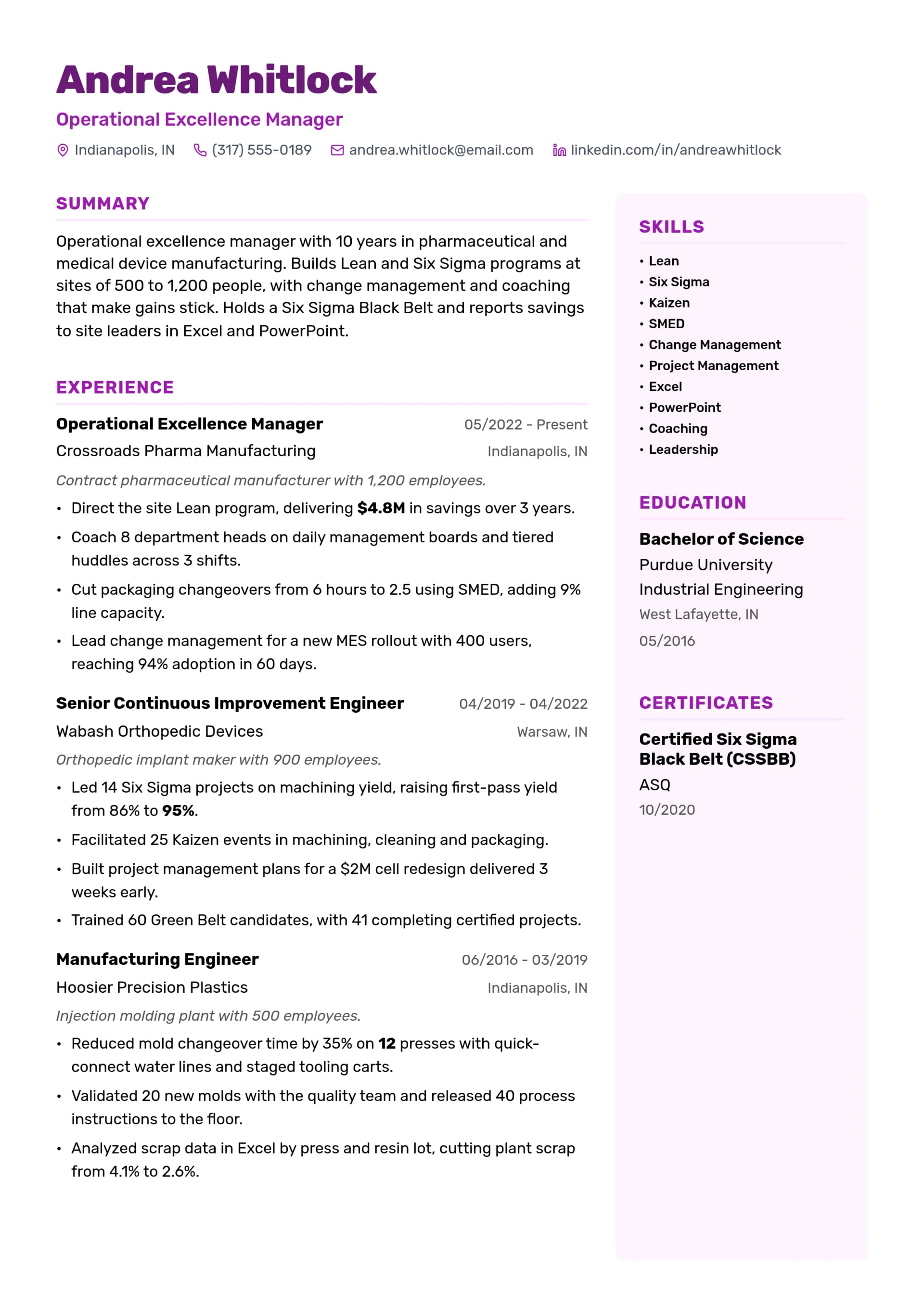 Operational Excellence Manager resume example