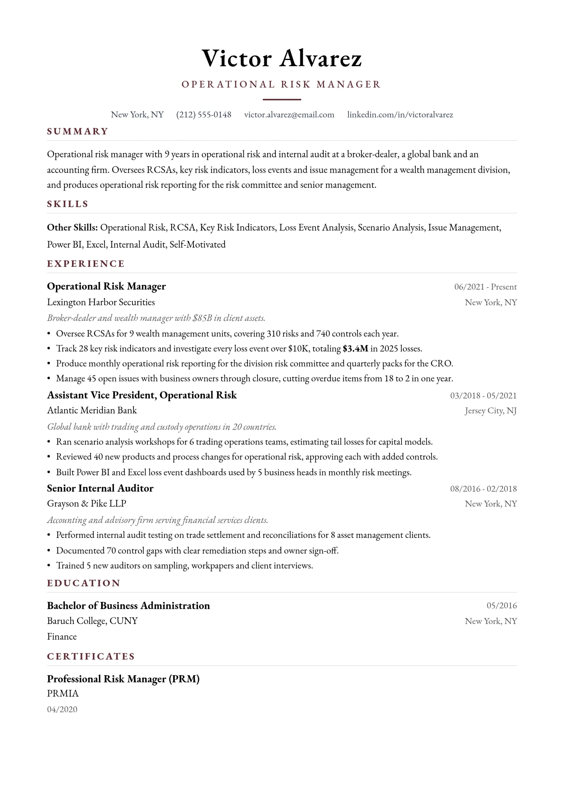 Operational Risk Manager resume example